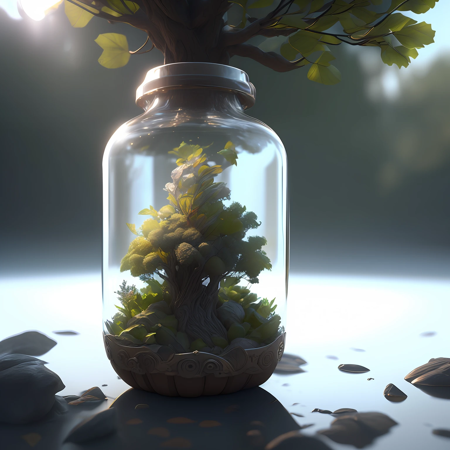 dreamlikeart tree in a bottle, fluffy, realistic, photo, canon, dreamlike, art, colorfull leaves and branches with vegetables on top of its head. hyperdetailed photorealism by greg rutkowski - h 1024 w 804 | f 1 6 lens mark 2:2 s 3555 mm film grain :1 lifelike high res sharp focus contrast!! intricate detailed atmospheric light refraction lighting unreal engine 5 cinematic concept photography masterpiece octane render trending at cgsociety rendered as