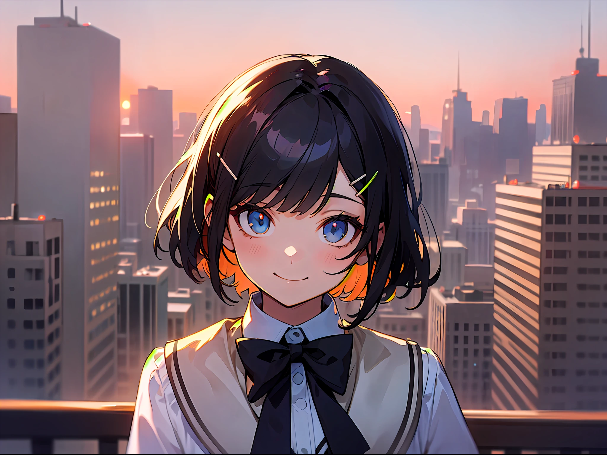 Upper body, Medium Shot Shot, A woman, Detailed eyes, Arms behind, Short hair, Black hair, bangs, Rabbit hairpins, White school uniform, Black bow tie, Long sleeves, standing, City, Dusk, Sunset, Smile