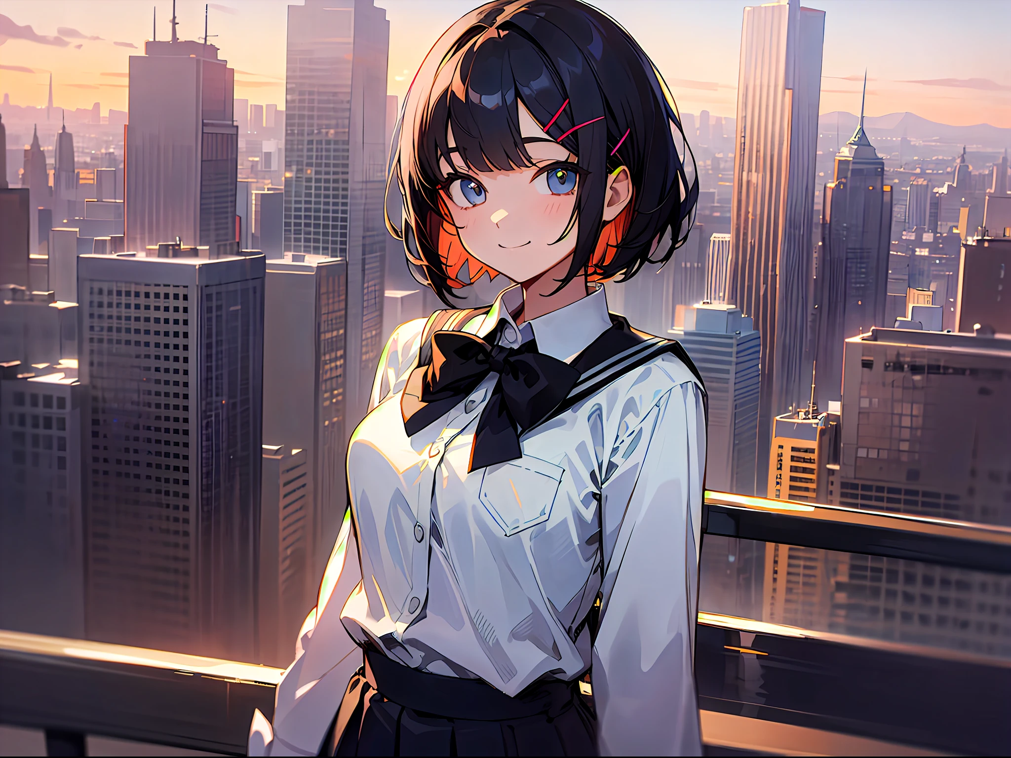 Upper body, Medium Shot Shot, A woman, Detailed eyes, Arms behind, Short hair, Black hair, bangs, Rabbit hairpins, White school uniform, Black bow tie, Long sleeves, standing, City, Dusk, Sunset, Smile