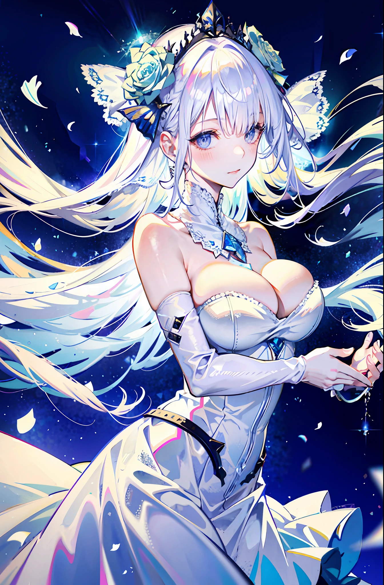 silber hair,butterflys,long whitr hair,white wedding gown,8k wallpaper,detailedbackground,Highest high resolution,deep v big breasts,Hair covers one eye,Bandeau wedding dress,chies,White rose,tight-fitting,chies,In the daytime,