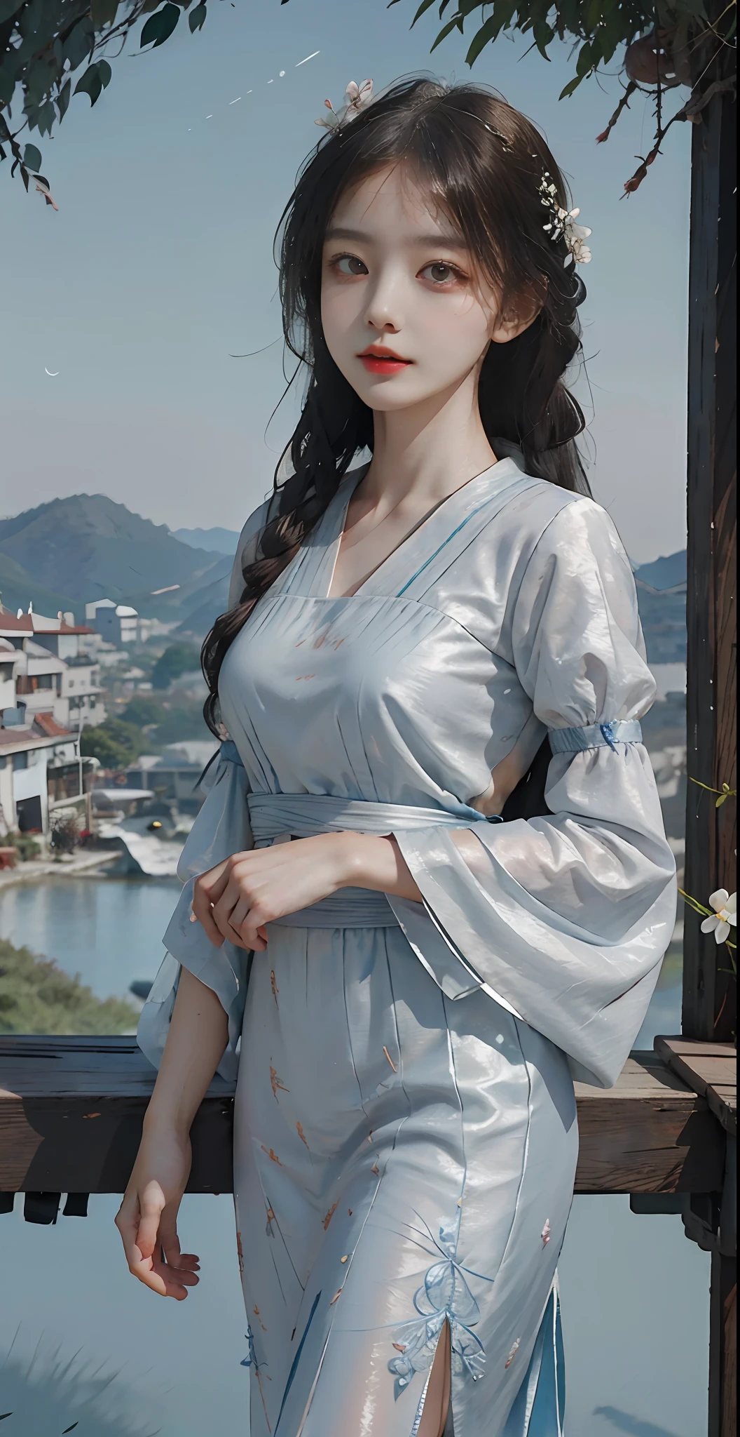 There is a woman with long hair in a blue dress, Palace ， A girl in Hanfu, long braided blue hair, ulzzangs, Hanfu, themoon，rays of moonlight，White Hanfu, white hime cut hairstyle, Cute cute, Gorgeous young Korean woman, braid hairstyle, long flowing braided hair, blue soft details, sakimichan, gorgeous chinese models，best qualtiy， tmasterpiece ，themoon， god of moon， goddes， florals，lunar backdrop，Plain white background，The background is full of peach blossom trees，The background is peach blossoms，With peach blossom trees as a background，There was a girl in a blue dress，Extremely detailed 8k wallpaper，An extremely delicate and beautiful，coloured with lots of colour，intricately details，photorealestic，Realiy，Camera quality，Carefully portray clothes，Cold white skin，Carefully portray blush,1080，rays of moonlight，Soft cute，Smooth light silver hair，Messy beauty，lamplight，Sense of brokenness，The skin is shiny and silky，3D stereoscopic，tmasterpiece，The best quality，The illustrations are super detailed，beautidful eyes，Very delicate light，Fine luminescence，Very detailed 8k CG wallpaper，Peach blossom eyes，Red pupils，An extremely delicate and beautiful girl，8k wallpaper，best qualtiy，close-up all over the body，sky blue long skirt，Luxuriously silky bright red chiffon overshine（illusion，glitters，Ultrathin，softness，），Full body evening gown，fully body photo