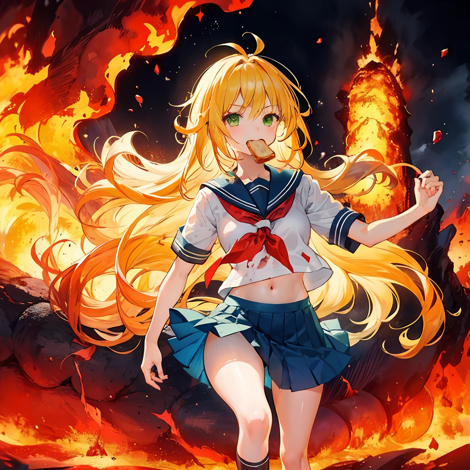 1girl,run,Yellow hair,long hair,messy hair,green eyes,serafuku,toast in mouth,lava Splash,eruption