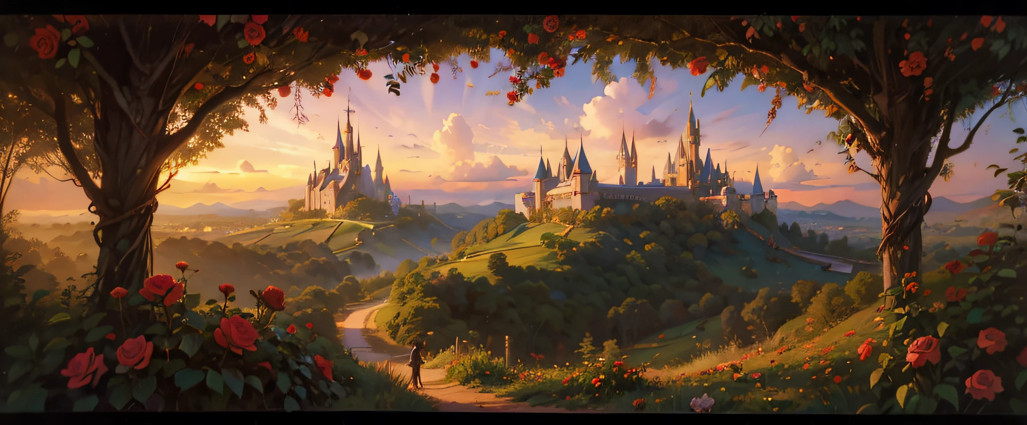 Imagem minimalista de um castelo com rosas vermelhas em primeiro plano, arte disney, Castelo bonito, magic castle, Fundo Disneyland, arte conceitual disney, arte de conto de fadas, pintura de conto de fadas, moldura dourada com rosas vermelhas, fantasia, Greg Hildebrandt altamente detalhado, fantasia arte vitoriana, beautiful render of a fairytale