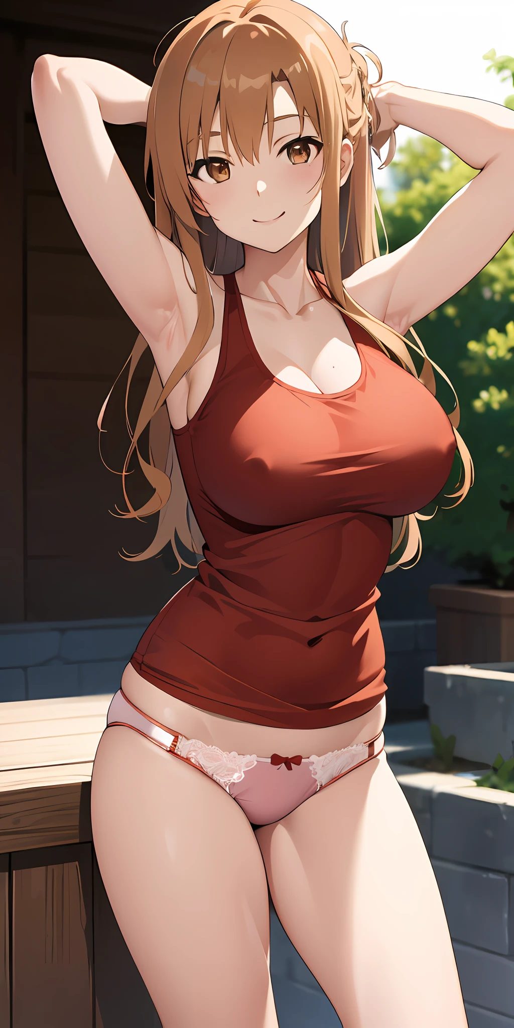 (Best quality:1.3), asuna yuuki, light brown hair, large breasts, tight tank top, lace panties, sexy, (close shot), smiling