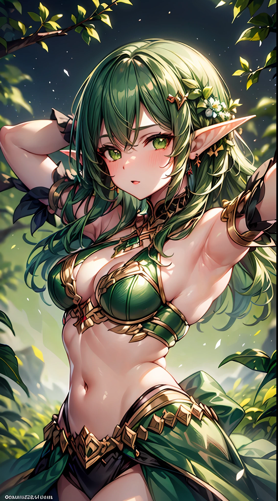 a young elf woman mid-leap, zoom on her armpit, she has short green hair adorned with tiny flowers, she wears intricately crafted armor with delicate leaf patterns, she holds a polished wooden bow with etched runes, her eyes blaze with anger and determination.