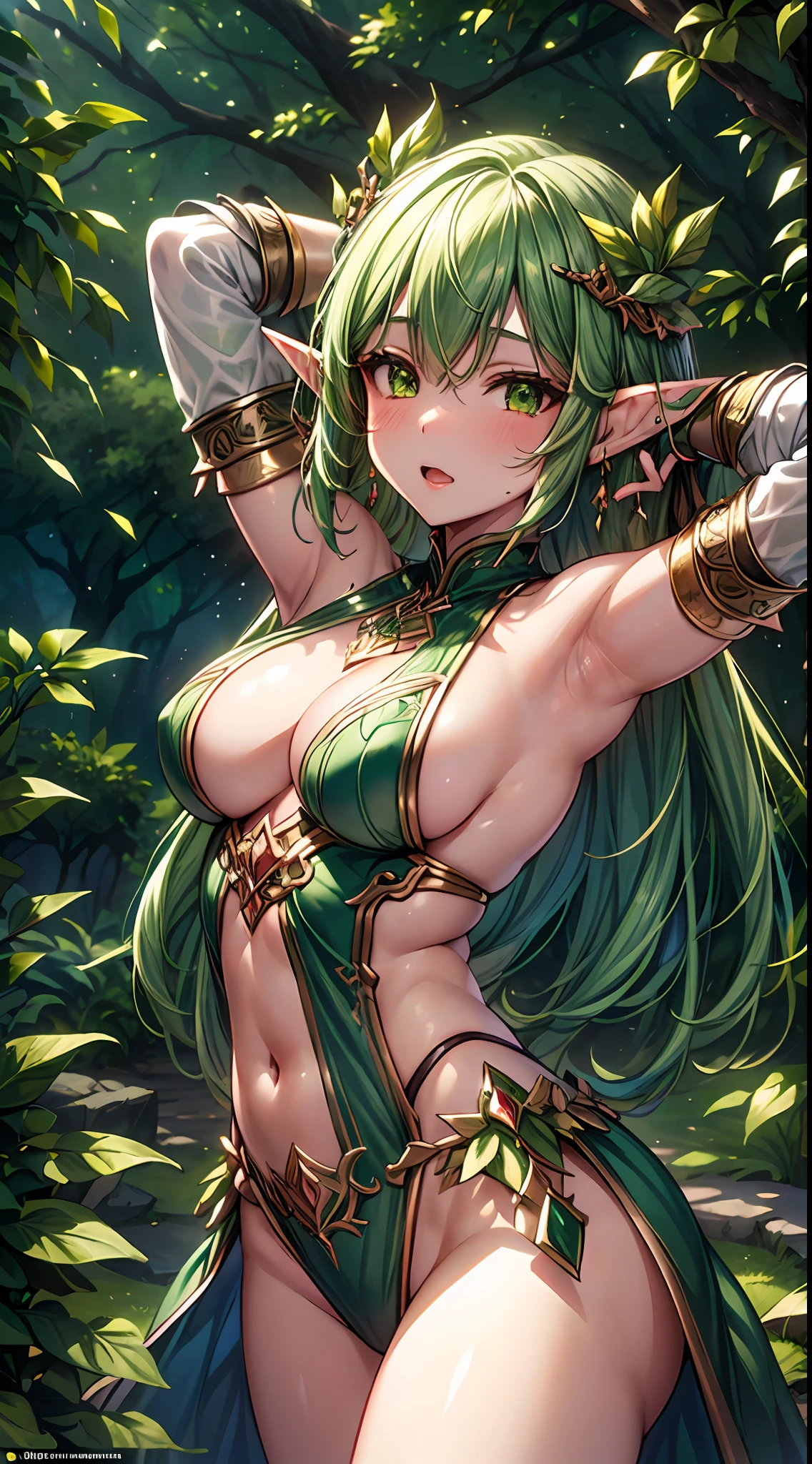 [1] a young elf woman mid-leap, zoom on her armpit, she has short green hair adorned with tiny flowers, she wears intricately crafted armor with delicate leaf patterns, she holds a polished wooden bow with etched runes, her eyes blaze with anger and determination. [2] The sunlight filters through the leaves of the ancient forest, casting dappled shadows on the forest floor. The young elf woman's armor reflects the lush greenery around her, and the wooden bow seems to resonate with the ancient trees. [3] The scene takes place in the heart of the Enchanted Forest, where mystical creatures roam freely, and ancient magic permeates the air. Tall, majestic trees stretch towards the sky, forming a natural canopy overhead. [4] The atmosphere is charged with tension, as the young elf woman is on a quest to protect her homeland from an encroaching darkness. Her determination and anger are palpable, mirroring the imminent conflict between nature and dark forces. [5] Illustration. [6] The scene will be created using digital art techniques, employing rich colors, detailed textures, and intricate linework to capture the enchanting beauty of the elf woman and the surrounding forest
