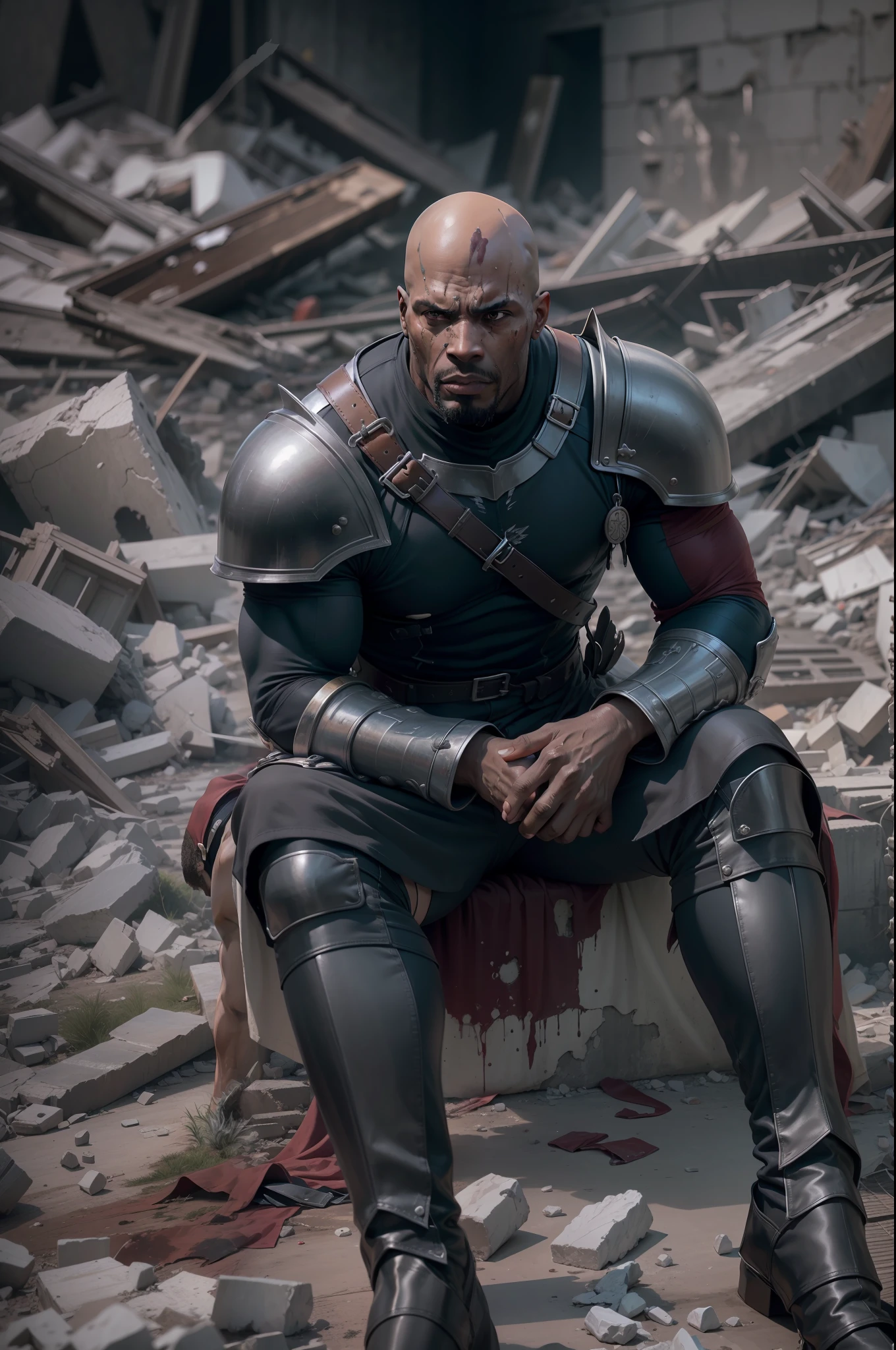 realistic image of a black man, tall and strong, bald, 40 years old, expression of pain, dressed in black rpg warrior costume and with silver shoulder pads, injured and bloodied, lying on the ground full of rubble