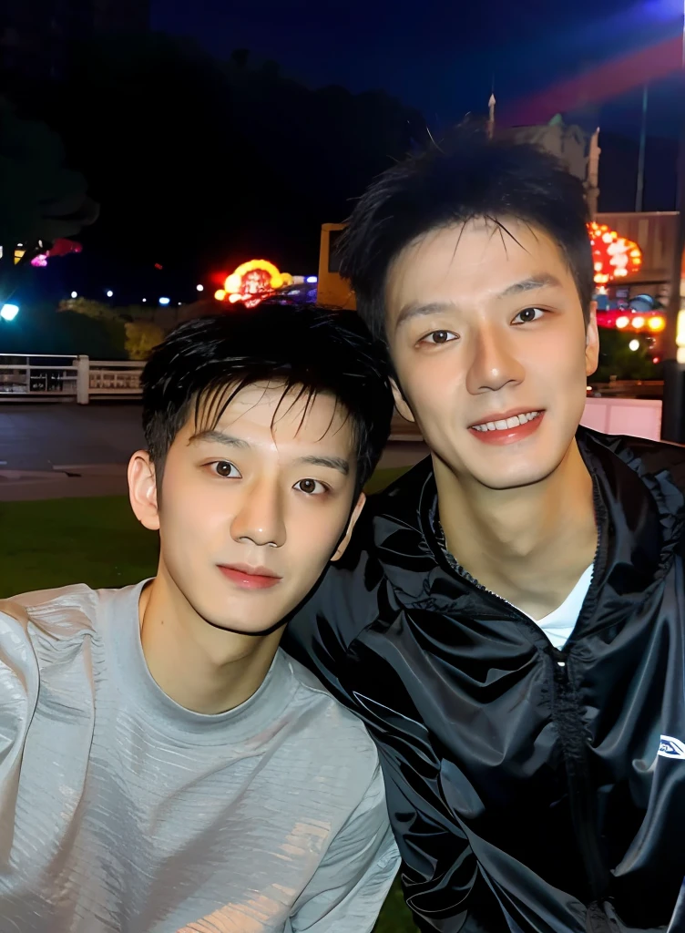 (Chinese handsome:1.5),Two men at an amusement park,the night,masculine pose,realistic detail, photograph of-realistic,textureskin,looking to the camera,18-year-old boy,Studio,
