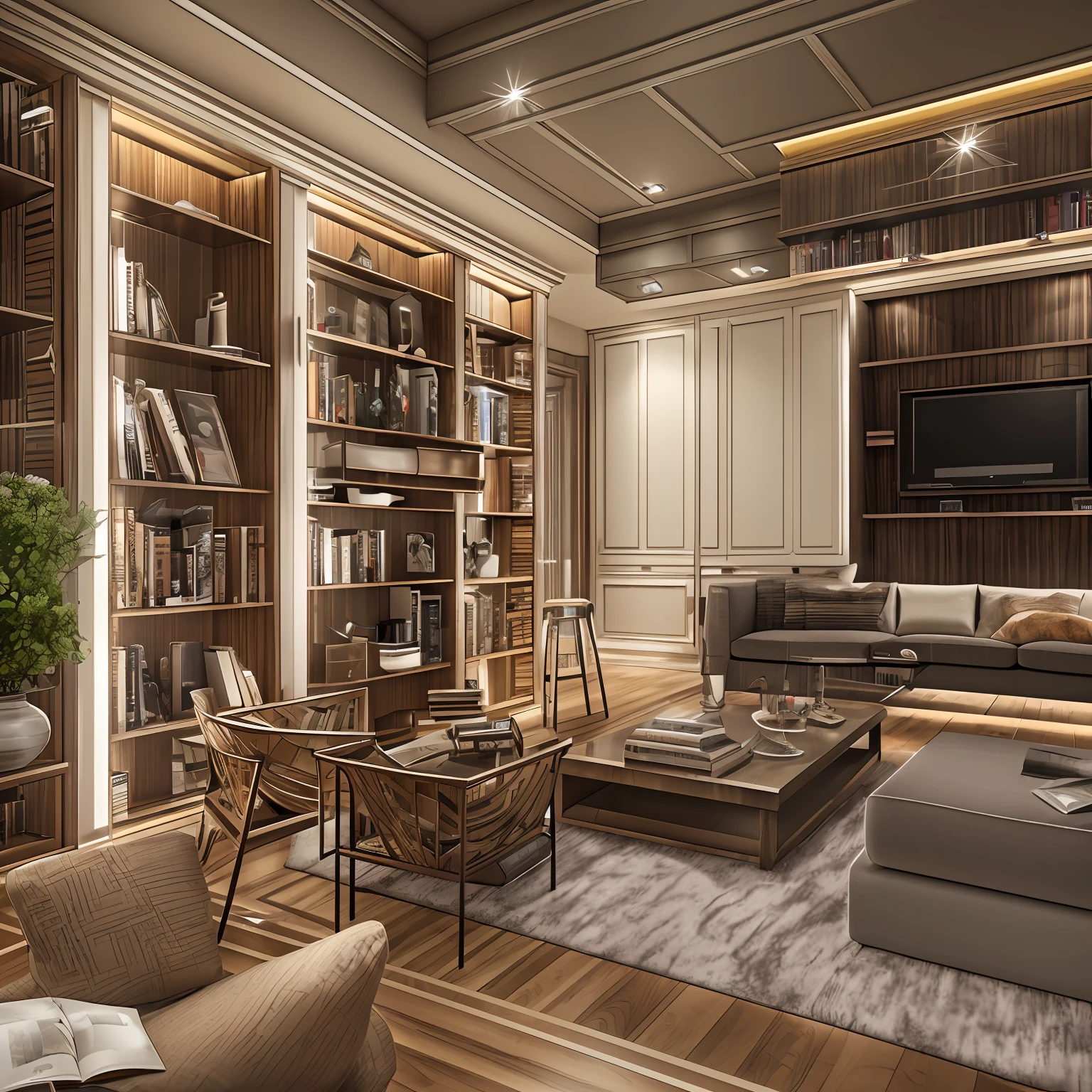 high high quality，Best quality at best，Realiy，Super realistic，super detailing,tmasterpiece，A high resolution，8K，Very realistic，Technology modern living room design,Heavy metal texture，Strong cultural atmosphere，Romantic girly feelings，Practical mix-and-match design，bookshelves，Bar，Wine cooler，a 3D render