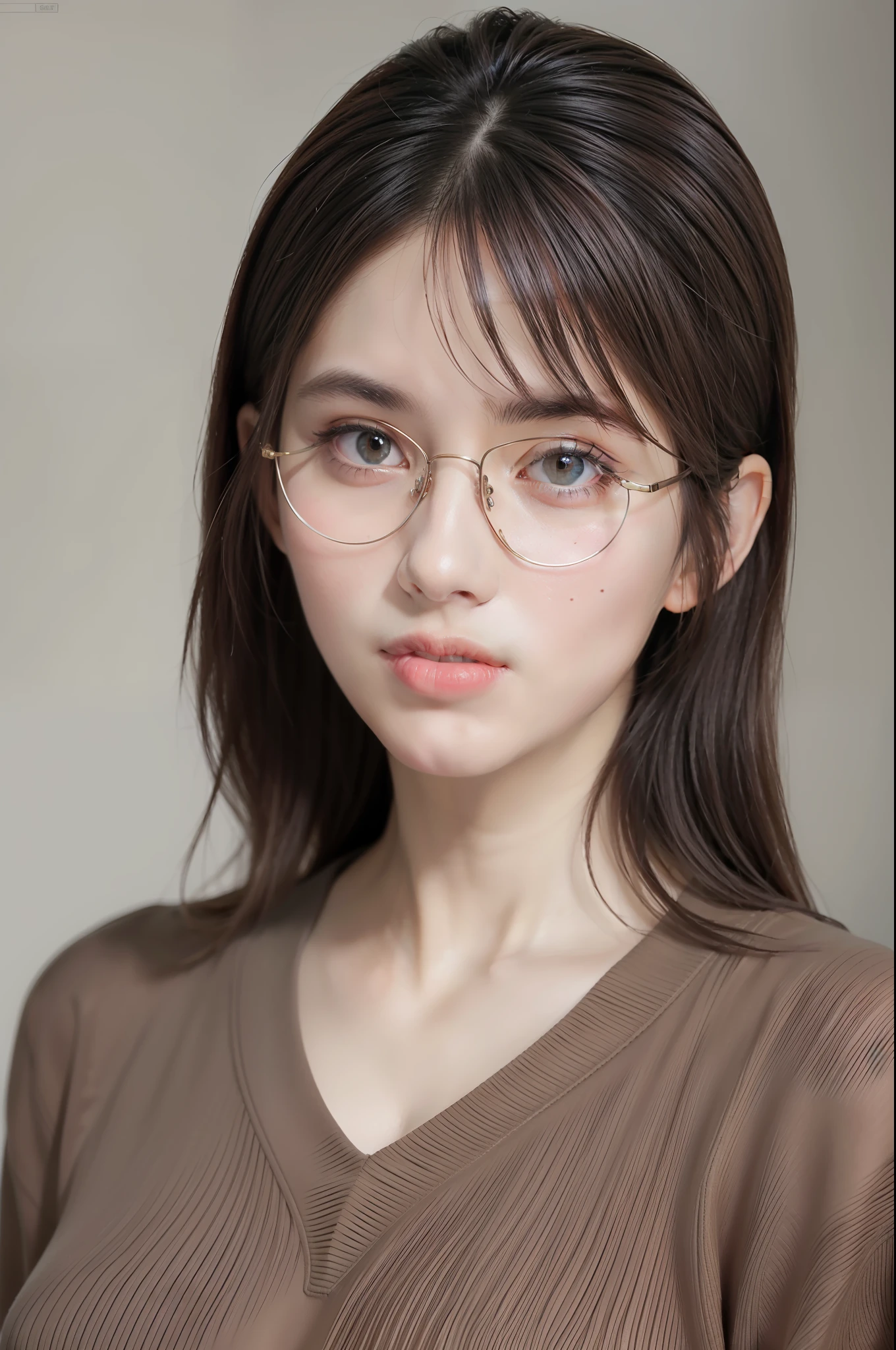 (8K, Best Quality, Masterpiece: 1.2), (Realistic, Photorealistic: 1.37), Best Quality, Masterpiece, Best Quality, Absurdity, Incredibly Absurd, Huge File Size, Ultra High Definition, Very Elaborate Girl, Very Elaborate Eyes and Face, Beautiful Eyes, Brown Eyes, Seeing Person, Glasses, Straight Hair, Sweater, Cleavage