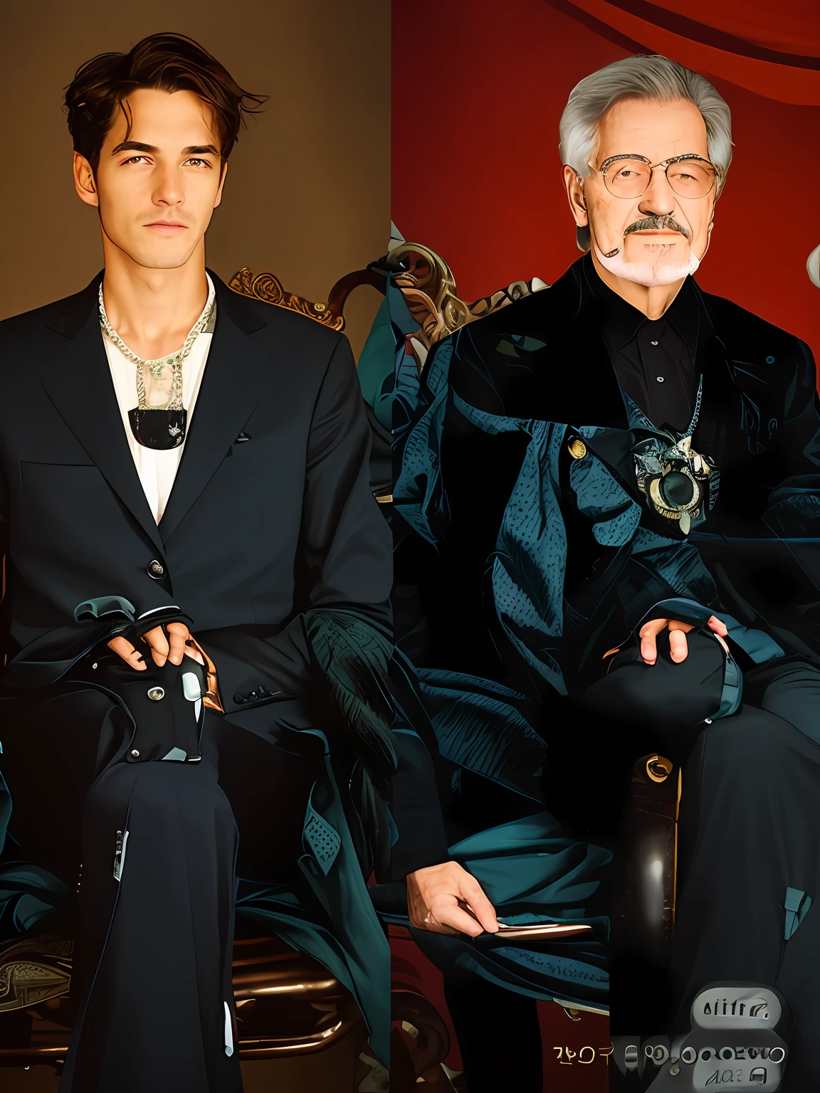 The first picture of two people's faces on the right is an older father sitting in a chair, his left hand on the back of the chair, a black suit, an Italian-style chair