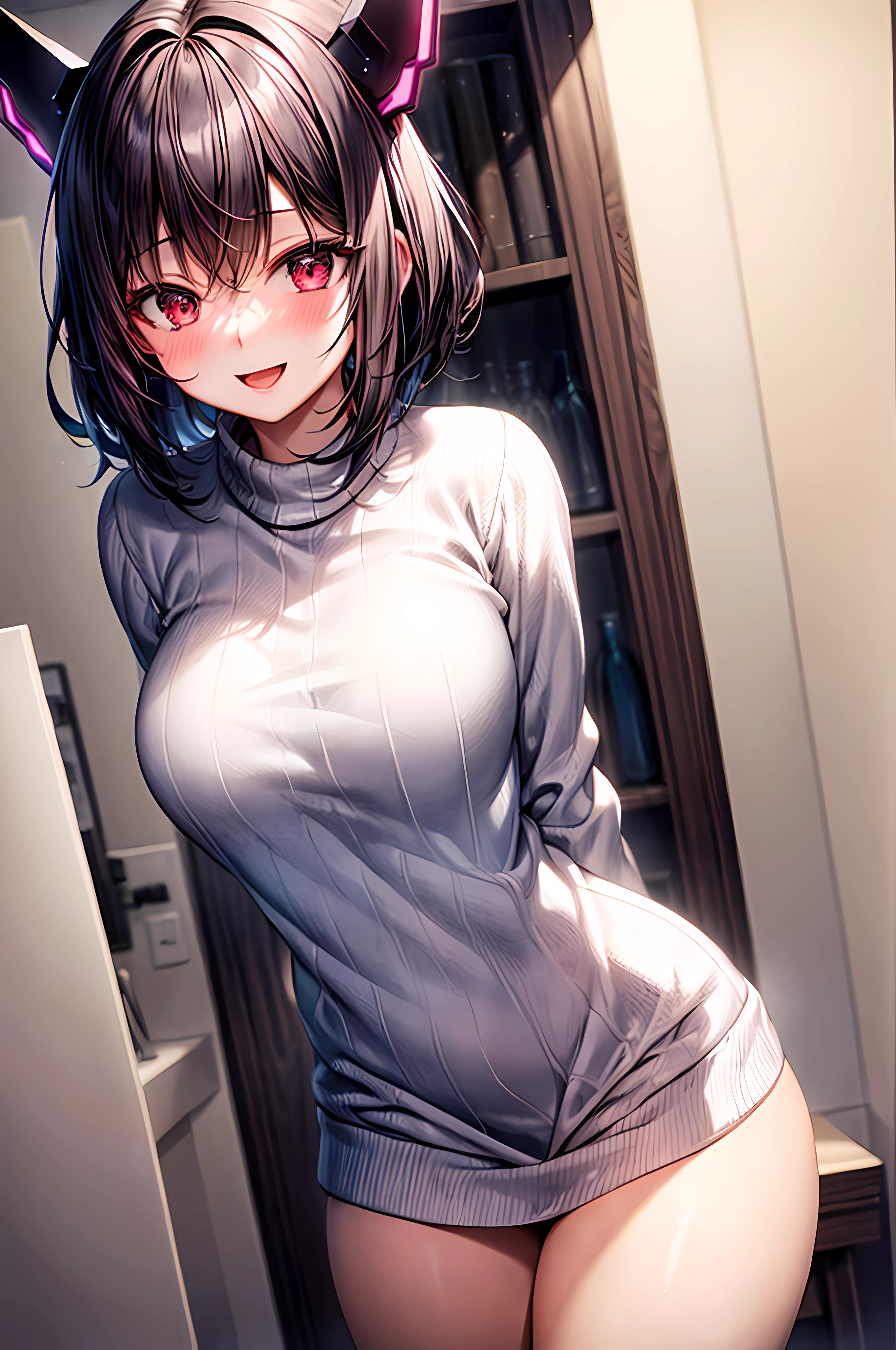 natural lighting, perfect body, ddd cup, elegant, looking at viewer, 1girl, female, solo, blush, open mouth, smile, purple black hair, short hair, red eyes, headgear, white headgear ,sweater killer virgin, sex shop, add_detail:1