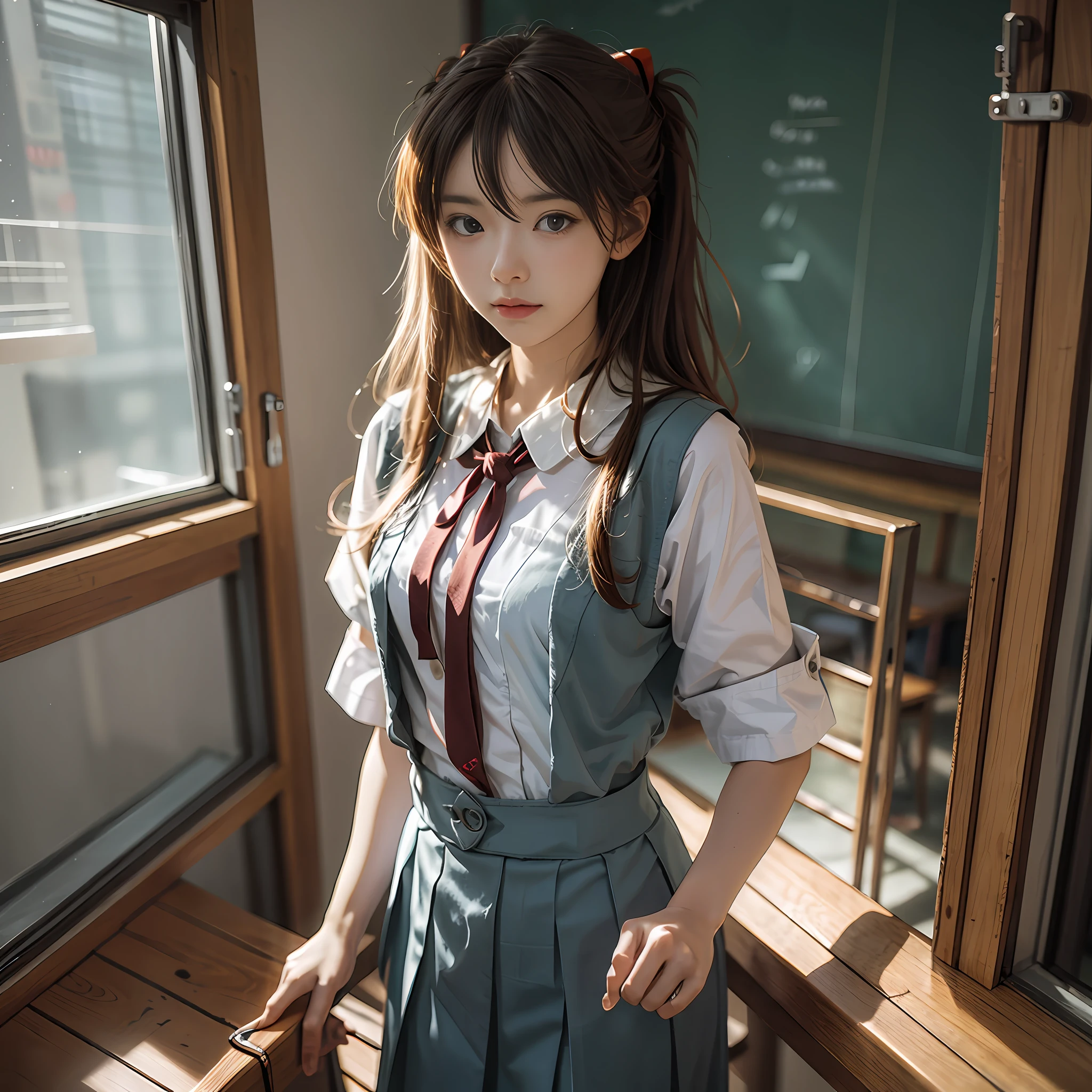 1 girl, Asuka, Evangelion, 8K, best quality, school uniform, classroom