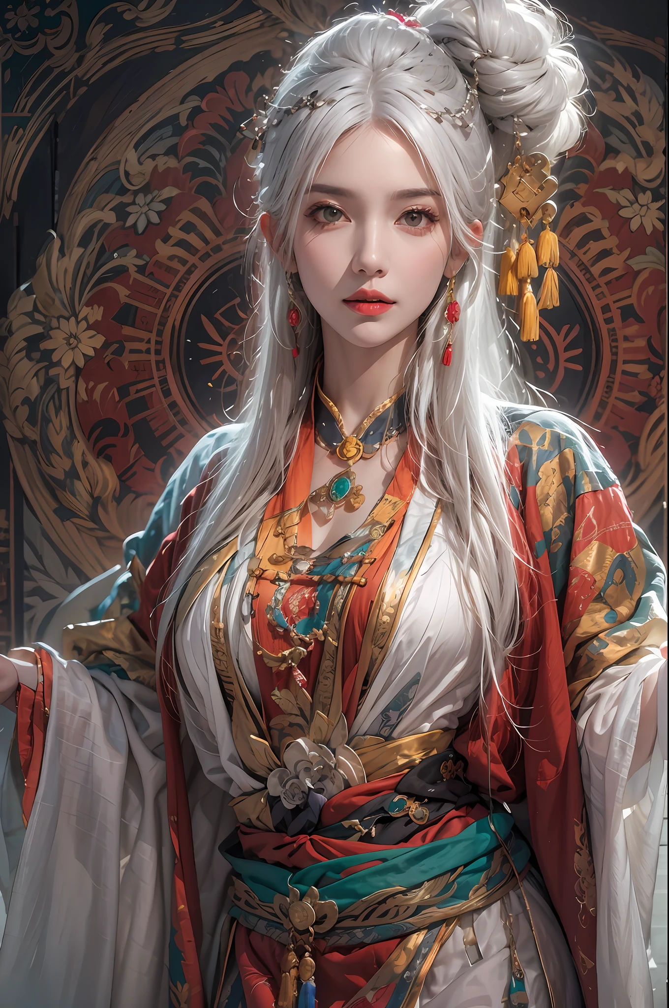 photorealistic, high resolution, soft lights, 1women, solo, hips up, look at viewer, (detailed face), white hair, long hair, colorful Taoist robe,oversized clothes, midjourney portrait, jewelry