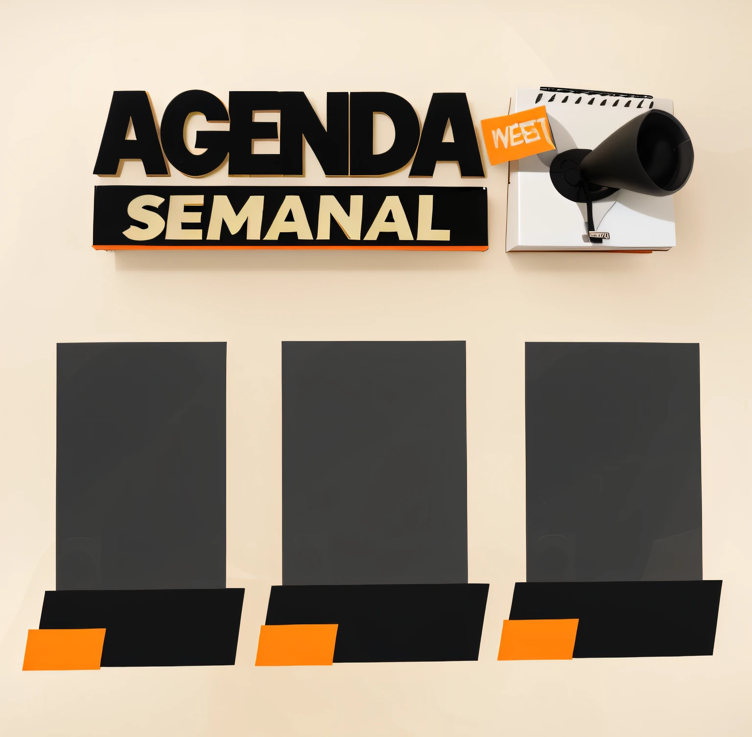 There is a sign that says weekly agenda with megaphone and notepad, em plano de fundo simples, em plano de fundo simples, Ad image, solid background, Directed by: Fernando Gerassi, Directed by: Manuel Rendón Seminar, Directed by: Bernat Sanjuan, isolado no fundo branco, Directed by: Bernard Accama, 1128x191 resolution, fotografia