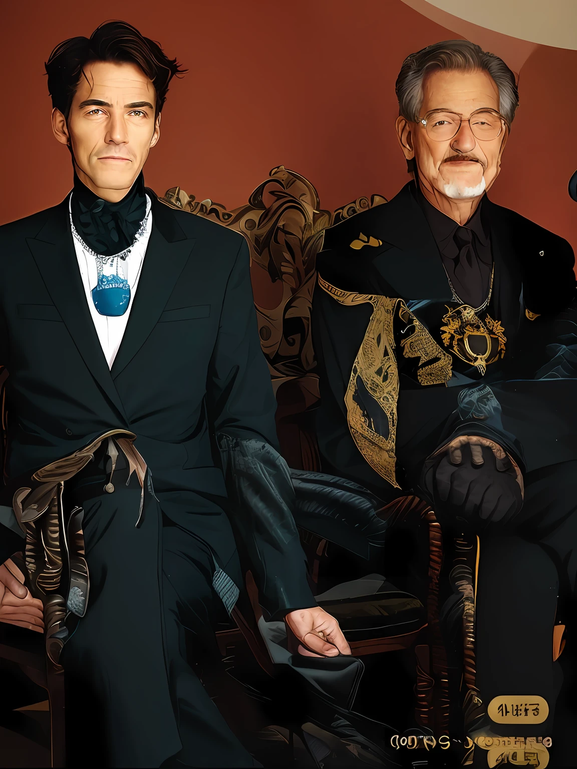 The first picture of two people's faces on the right is an older father sitting in a chair, his left hand on the back of the chair, a black suit, an Italian-style chair