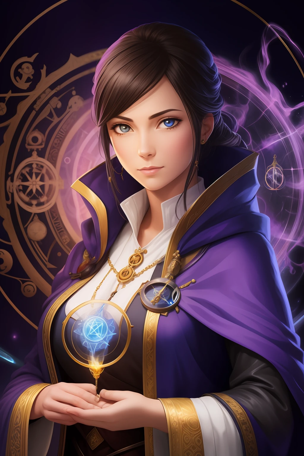 Surreal Alchemist: An female character portrait of a master alchemist, with face surrounded by alchemical symbols
