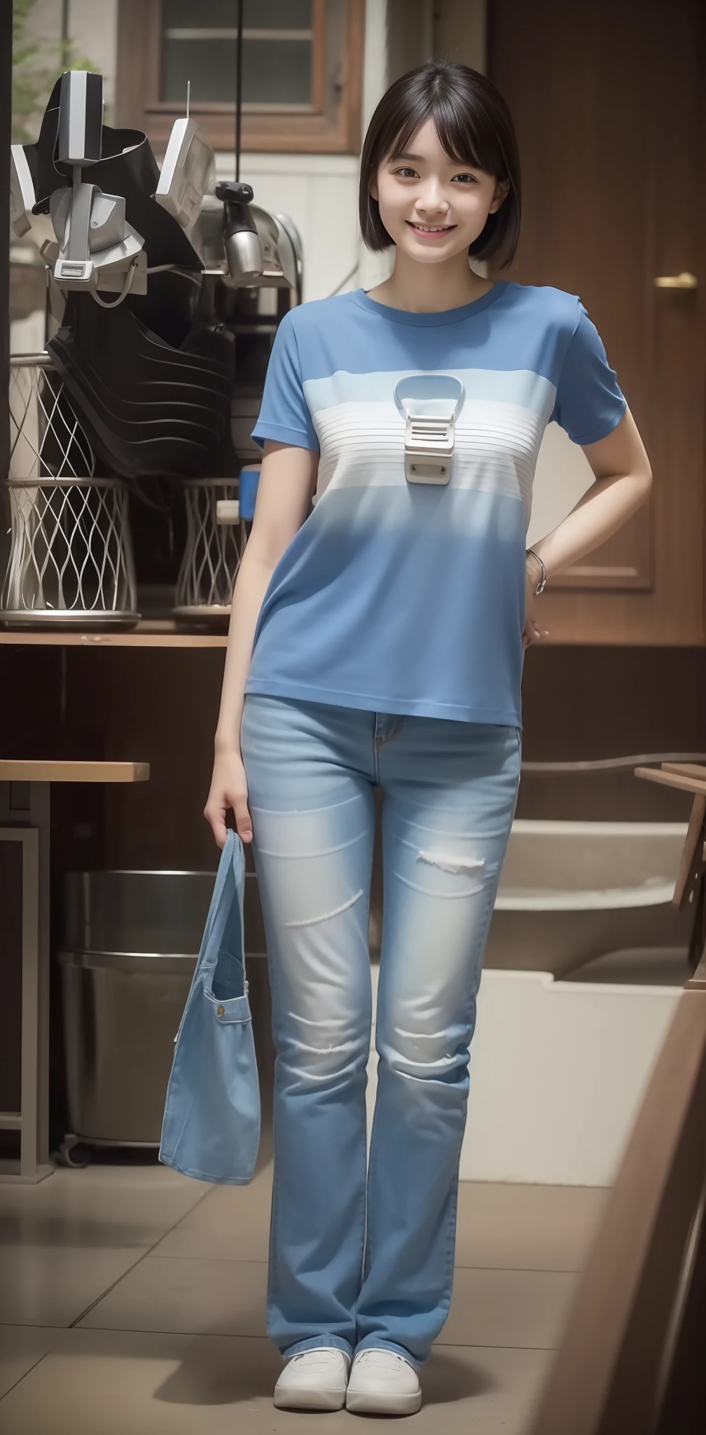 Zhu Ai_Villas，RAW photos，Brand photos，（highdetailskin：1.2），8k ultra high definition，digital SLR camera，gentlesoftlighting，high high quality，filmgrain，富士XT3，20 years old Asian woman，Wear simple clothes，T-shirt and skinny jeans，Detailed clothing details:1.3，perfect body figure，Super detailed facial details and skin，Fair and tender face and skin，二重まぶた，Super detailed eyes，Sweet smile:0.5，fully body photo