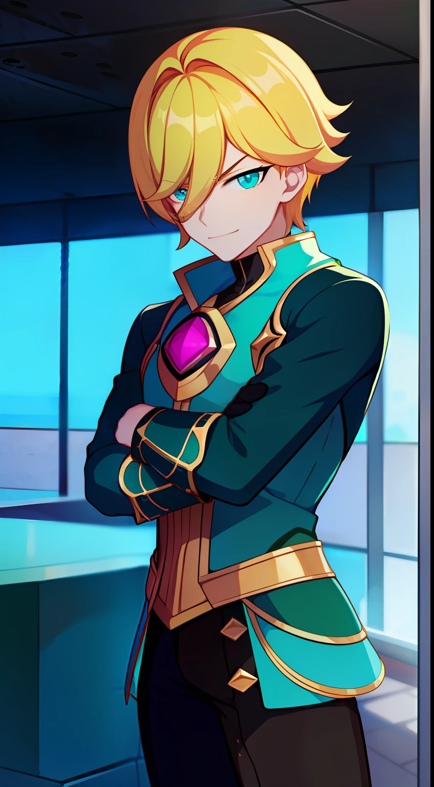 Young guy, short blonde hair, Cyan eyes, Mysterio, smirk, Masterpiece, hiquality