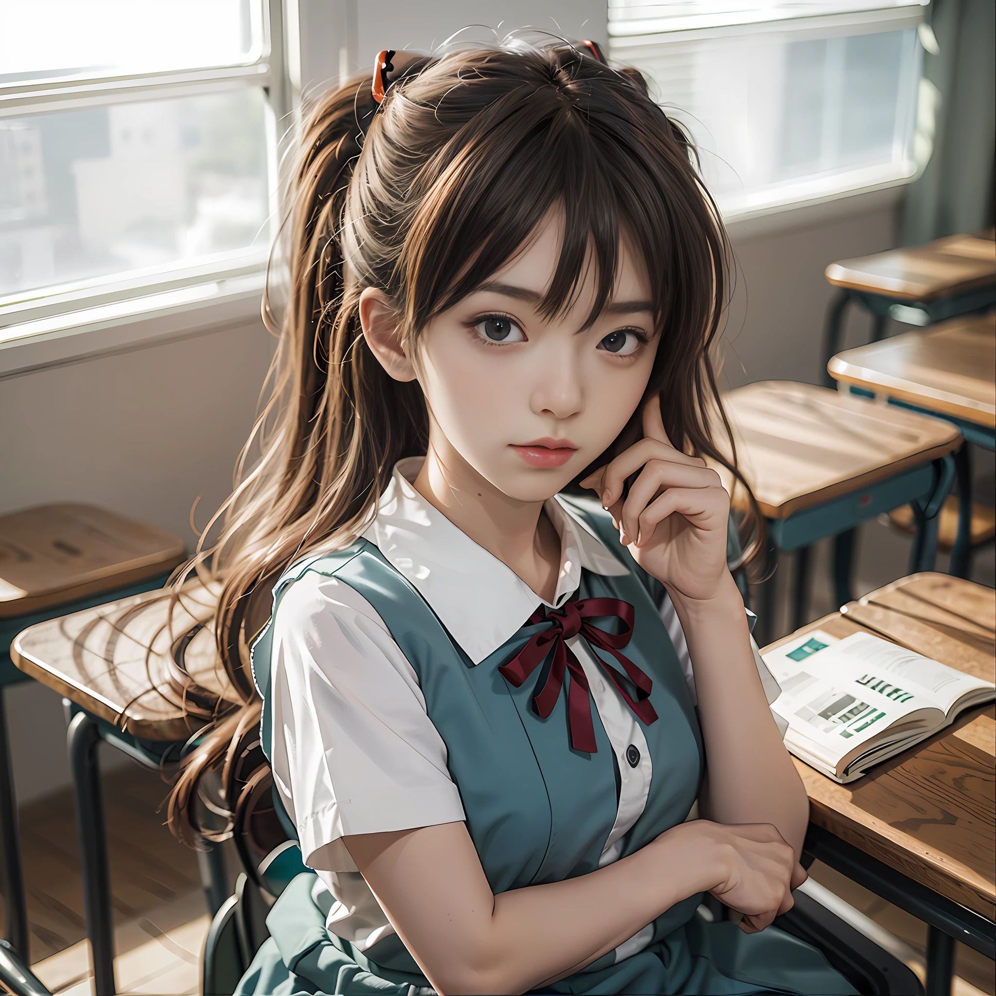 1 girl, Asuka, Evangelion, 8K, best quality, school uniform, classroom