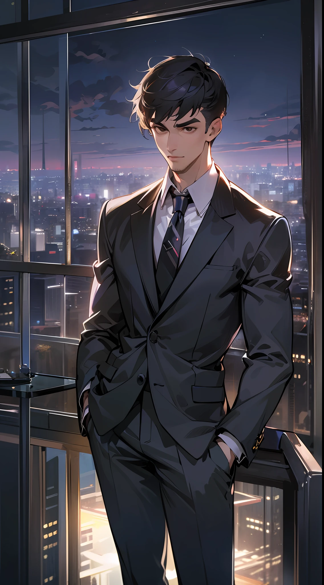 (absurdres, highres, ultra detailed, realistic, ), 1 male, solo, adult, mature, tall muscular guy, broad shoulders, handsome, very short hair, black hair, brown eyes, angular jaw, thick neck, thick eyebrows, night, dark, the night view of the city background, formal suit, necktie, upper body