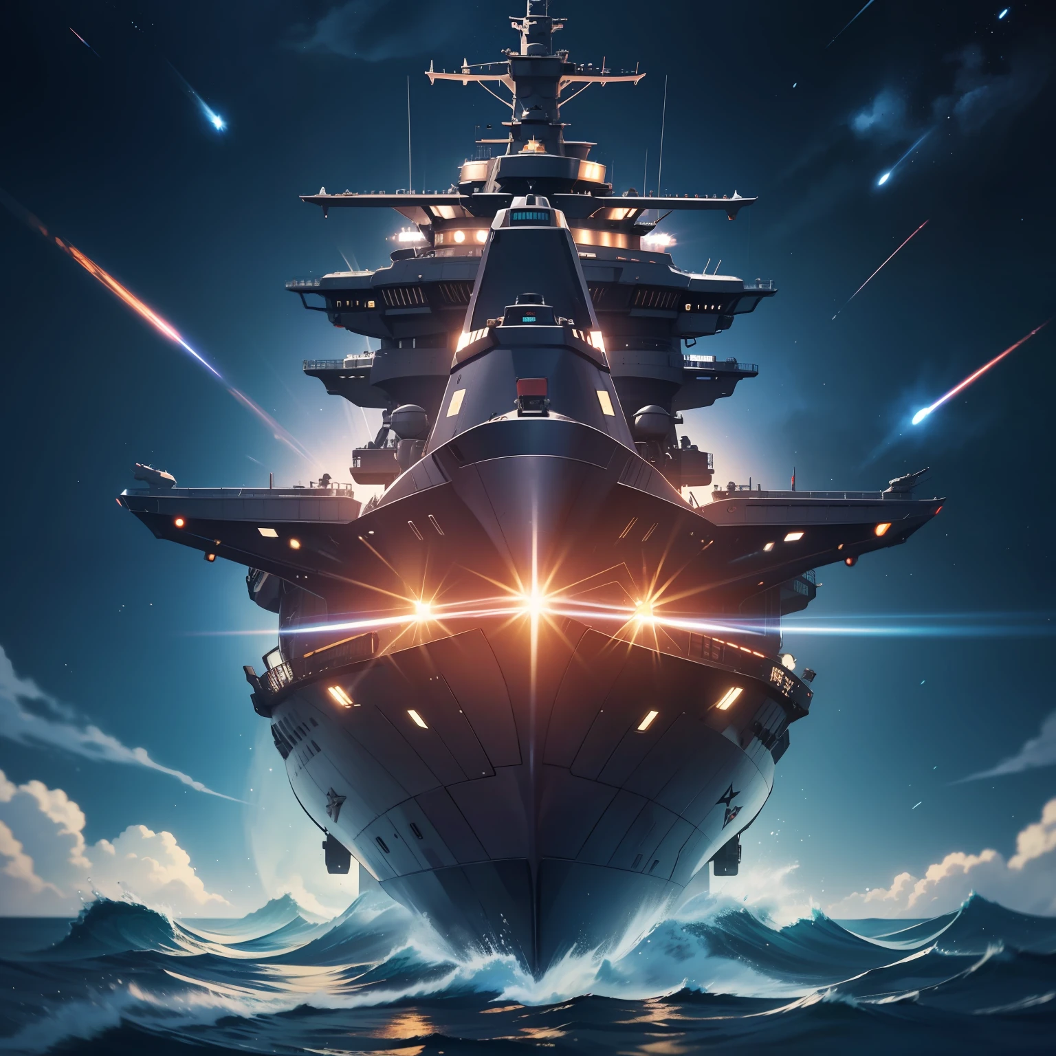 Ride aboard the space battleship Yamato, Starcloud, aquarelle, space backdrop, intricately details, Cinematic lighting, hyper photorealism, Motion blur, Glowing light, Godre, Ray tracing, halftone, hyper HD, High detail, High quality, Best quality, 16k, HD, 1080p