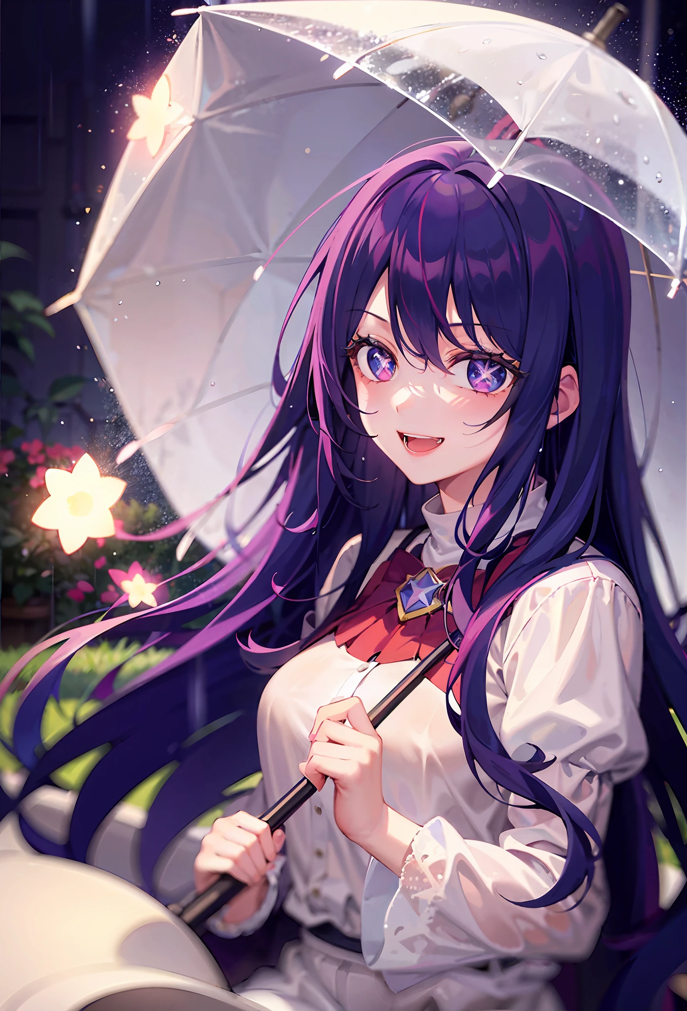 one-girl((There is a five-pointed star in the eye))A girl with long purple hair,Smile,Open mouth,white stockings,umbrellas,very heavy rain,In the rain,large lawn