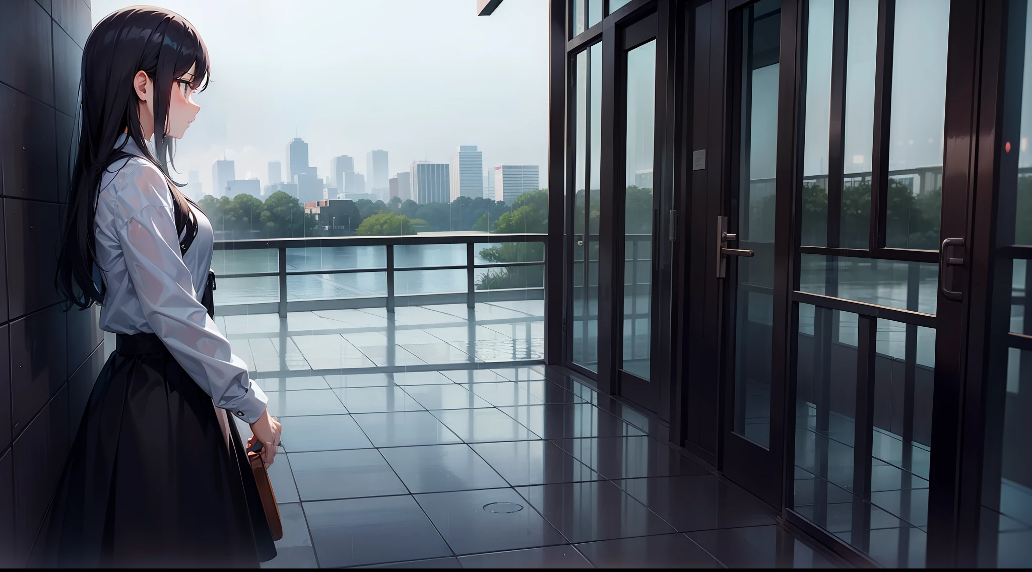 1 girl, rainy day, waiting but not coming, view faraway
