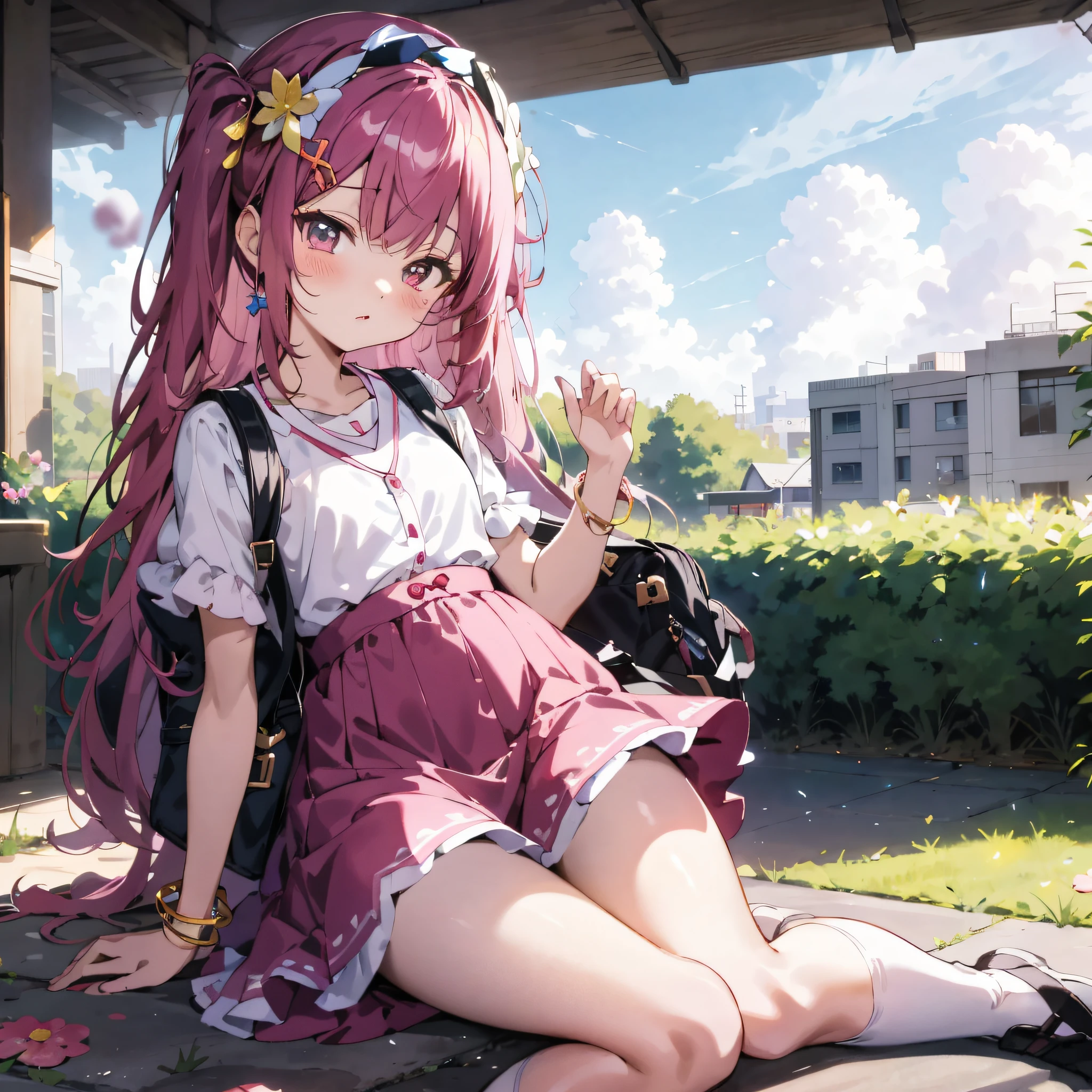Anime girl sitting on the ground，Carry a backpack and purse, style of anime4 K, cute anime waifu in a nice dress, Cute anime girl, Beautiful anime girl, pretty anime girl, up of young anime girl, Guviz, Guviz-style artwork, High Quality Anime Art Style, 4K anime wallpaper, Beautiful Anime High School Girls
