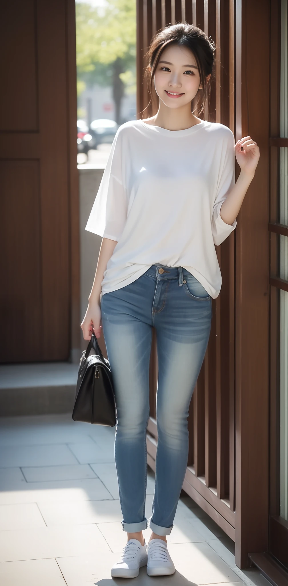 Zhu Ai_Villas,RAW photos,Brand photos,(highdetailskin:1.2),8k ultra high definition,digital SLR camera,gentlesoftlighting,high high quality,filmgrain,富士XT3,20 years old Asian woman,Wear simple clothes,T-shirt and skinny jeans,Detailed clothing details:1.3,perfect body figure,Super detailed facial details and skin,Fair and tender face and skin,二重まぶた,Super detailed eyes,Sweet smile:0.5,fully body photo