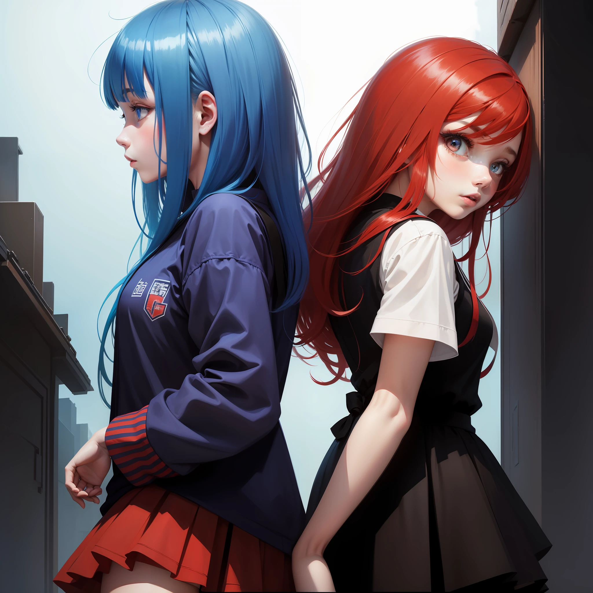 twogirls,A girl with red hair and a girl with blue hair,Two people standing together
