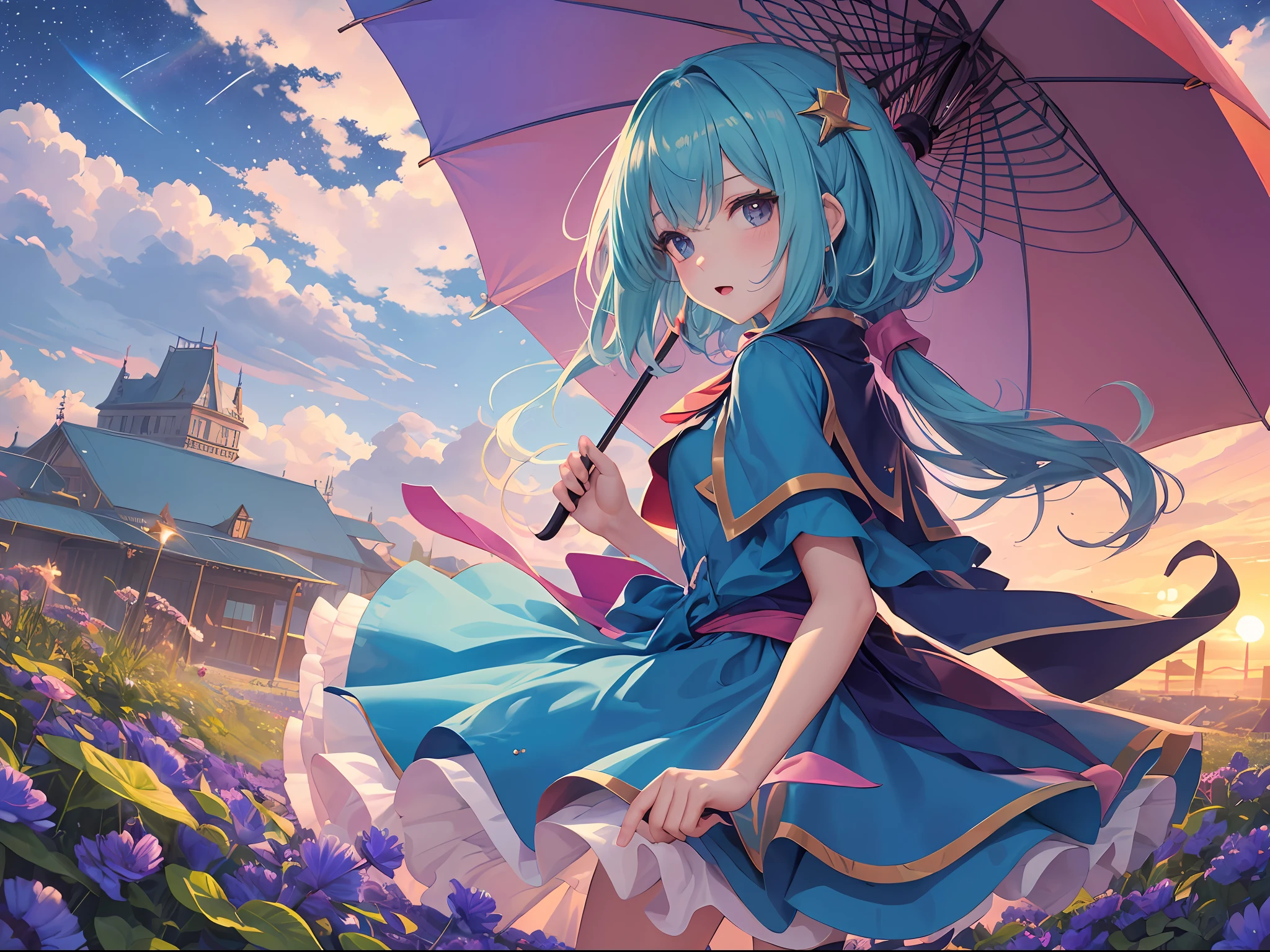 Dark Magician Girl、MKSKS style、(1 person)、(highly detailed back ground:1.0)、(highly detailed back ground:1.0)、masterpiece、top-quality、超A high resolution、8K、The upper part of the body、(Sun umbrella、Colorful parasol:1.3)、Looking up at the night sky、(1/2 pink and 1/2 Light blue hair、rainbow-colored hair)、(A detailed eye、Blue eyes)、(Rainbow dress、1/2 pink and 1/2 Light blue dress:1.2)、Detailed skin、from side、Lavender fields、The wind is blowing、(natta:1.2、nigh sky:1.5、Summer Great Triangle、Falling Stars:1.2)、wakame、wakame、wakame、wakame、wakame、wakame、wakame、wakame、wakame、wakame、wakame、wakame、wakame、wakame、wakame、wakame、wakame、wakame、wakame、wakame、wakame、wakame、wakame、wakame、wakame --auto