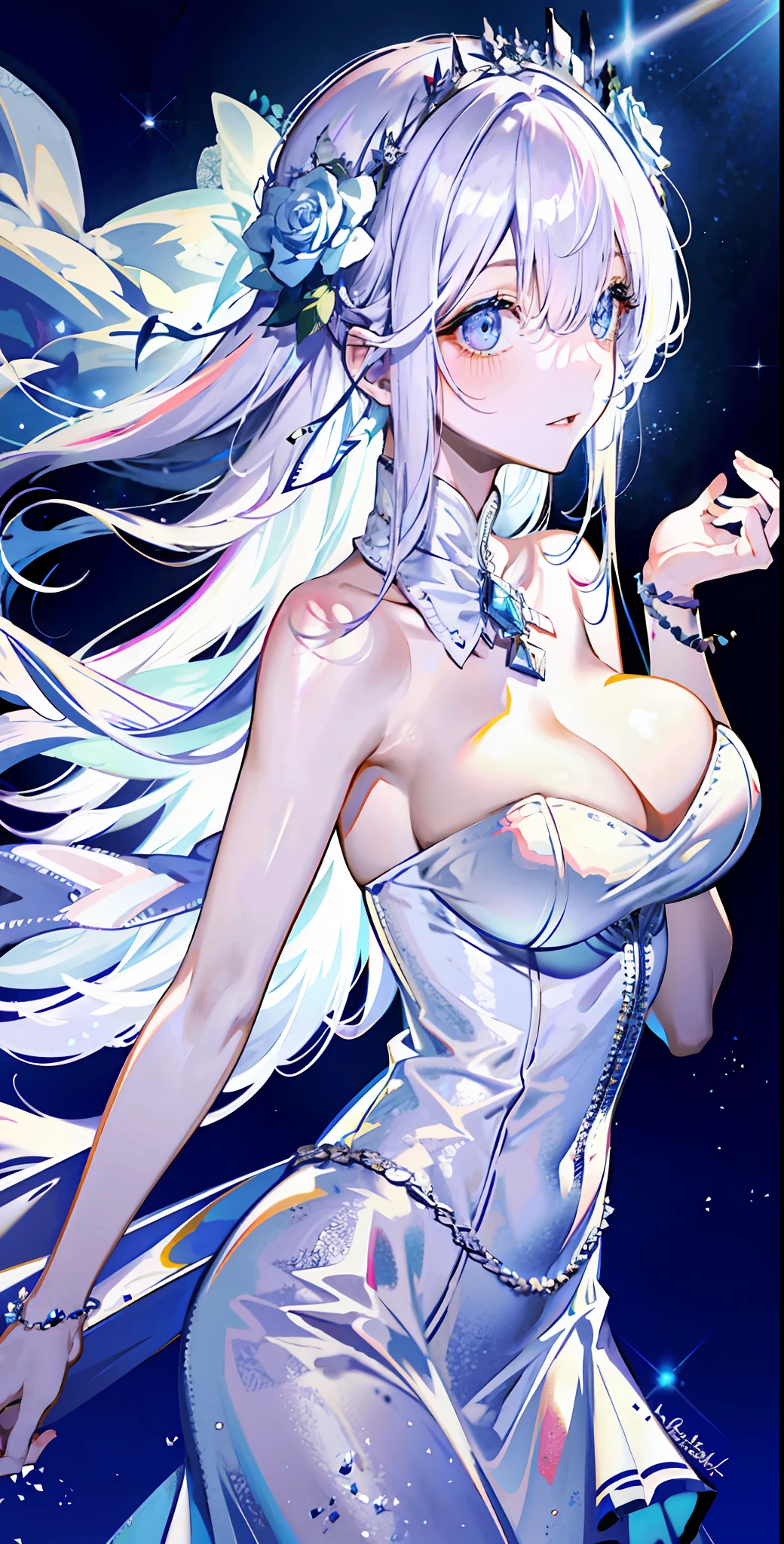 silber hair,butterflys,long whitr hair,white wedding gown,8k wallpaper,detailedbackground,Highest high resolution,deep v big breasts,Hair covers one eye,Bandeau wedding dress,chies,White rose,tight-fitting,chies,In the daytime,