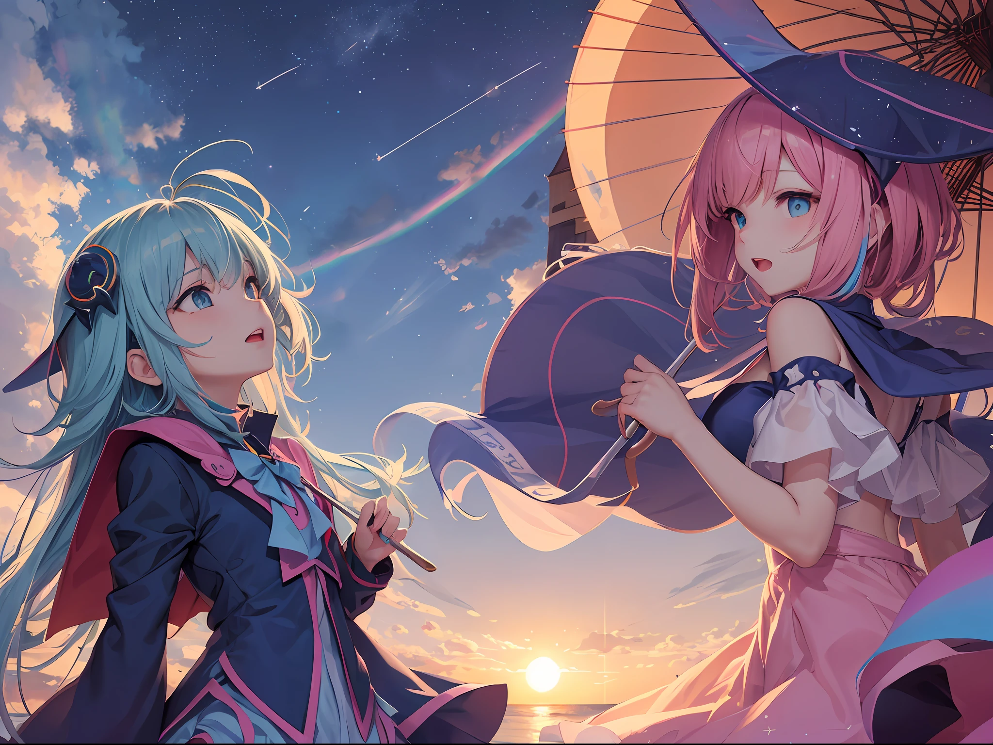 Dark Magician Girl、MKSKS style、(1 person)、(highly detailed back ground:1.0)、(highly detailed back ground:1.0)、masterpiece、top-quality、超A high resolution、8K、The upper part of the body、(Sun umbrella、Colorful parasol:1.3)、Looking up at the night sky、(1/2 pink and 1/2 Light blue hair、rainbow-colored hair)、(A detailed eye、Blue eyes)、(Rainbow dress、1/2 pink and 1/2 Light blue dress:1.2)、Detailed skin、from side、Lavender fields、The wind is blowing、(natta:1.2、nigh sky:1.5、Summer Great Triangle、Falling Stars:1.2)、wakame、wakame、wakame、wakame、wakame、wakame、wakame、wakame、wakame、wakame、wakame、wakame、wakame、wakame、wakame、wakame、wakame、wakame、wakame、wakame、wakame、wakame、wakame、wakame、wakame --auto