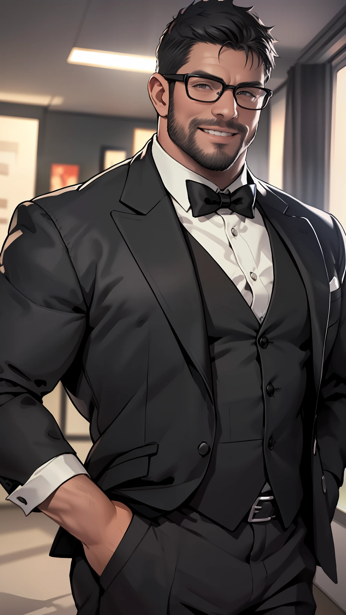 1 man, solo, masterpiece, best quality, highres, upper body shot, ultra detailed, ((wide angle)), middle-aged man, daddy, hunk physique, beefy, burly, hairy, manly, really tall, black hair, beard, wearing a dark black tuxedo, white dress shirt, black bow tie, dark black trousers, black belt, wearing glasses, big cheerful smile, hands in pockets, indoors, luxury room in the background, night time, incredible composition, HDR, volumetric lighting, shadows,, aesthetic