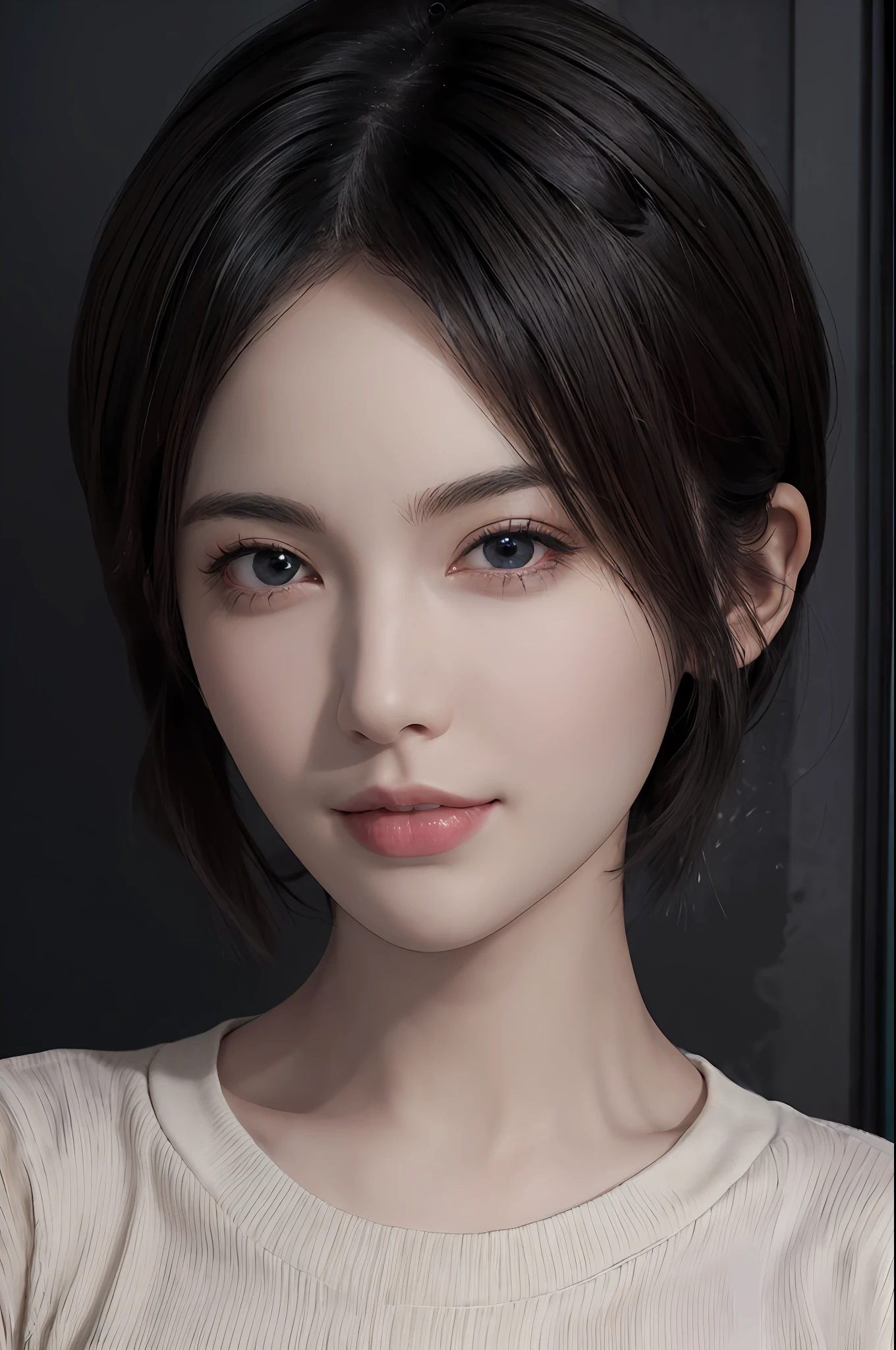 (masterpiece:1.3), (8k, photorealistic, RAW photo, best quality: 1.4), (1girl), beautiful face, (realistic face), (black hair, short hair:1.3), beautiful hairstyle, realistic eyes, beautiful detailed eyes, (realistic skin), beautiful skin, (sweater), absurdres, attractive, ultra high res, ultra realistic, highly detailed, golden ratio