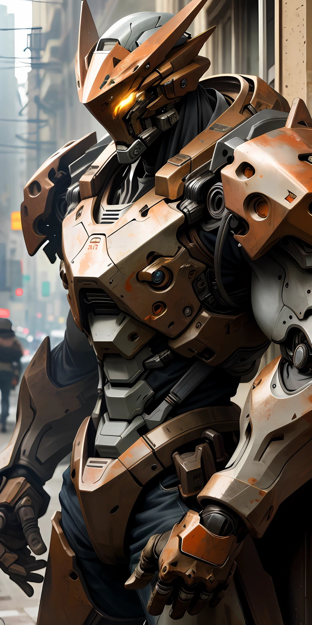 Portrait photo of an alpha male, perfect eyes, in a worn mecha suit, intricate, (steel metal [rust]), elegant, sharp focus, photo by greg rutkowski, soft lighting, vibrant colors, masterpiece, ((streets)), cowboy shot, dynamic pose,