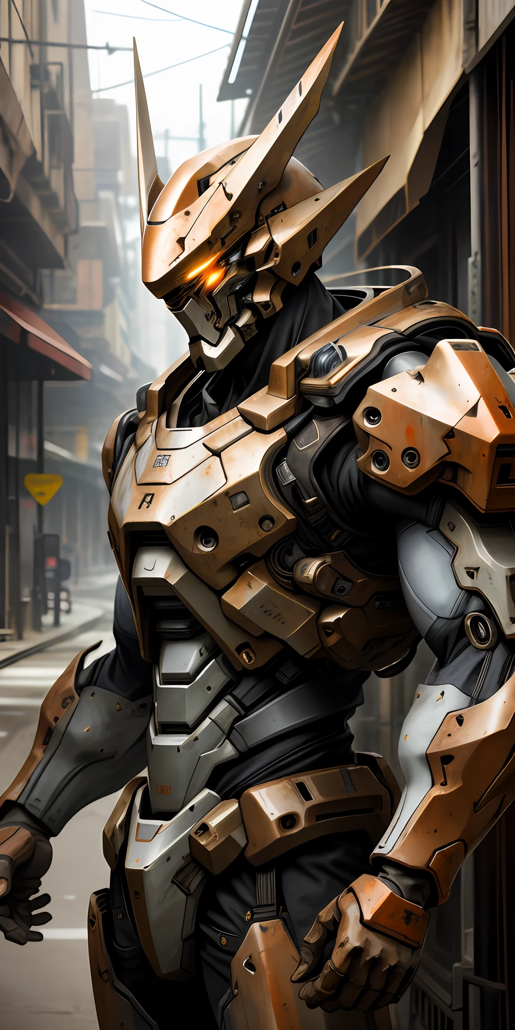 Portrait photo of an alpha male, perfect eyes, in a worn mecha suit, intricate, (steel metal [rust]), elegant, sharp focus, photo by greg rutkowski, soft lighting, vibrant colors, masterpiece, ((streets)), cowboy shot, dynamic pose,