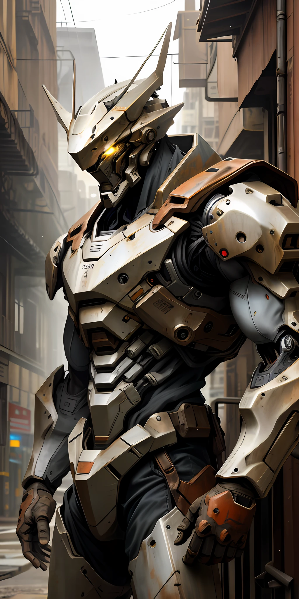 Portrait photo of an alpha male, perfect eyes, in a worn mecha suit, intricate, (steel metal [rust]), elegant, sharp focus, photo by greg rutkowski, soft lighting, vibrant colors, masterpiece, ((streets)), cowboy shot, dynamic pose,