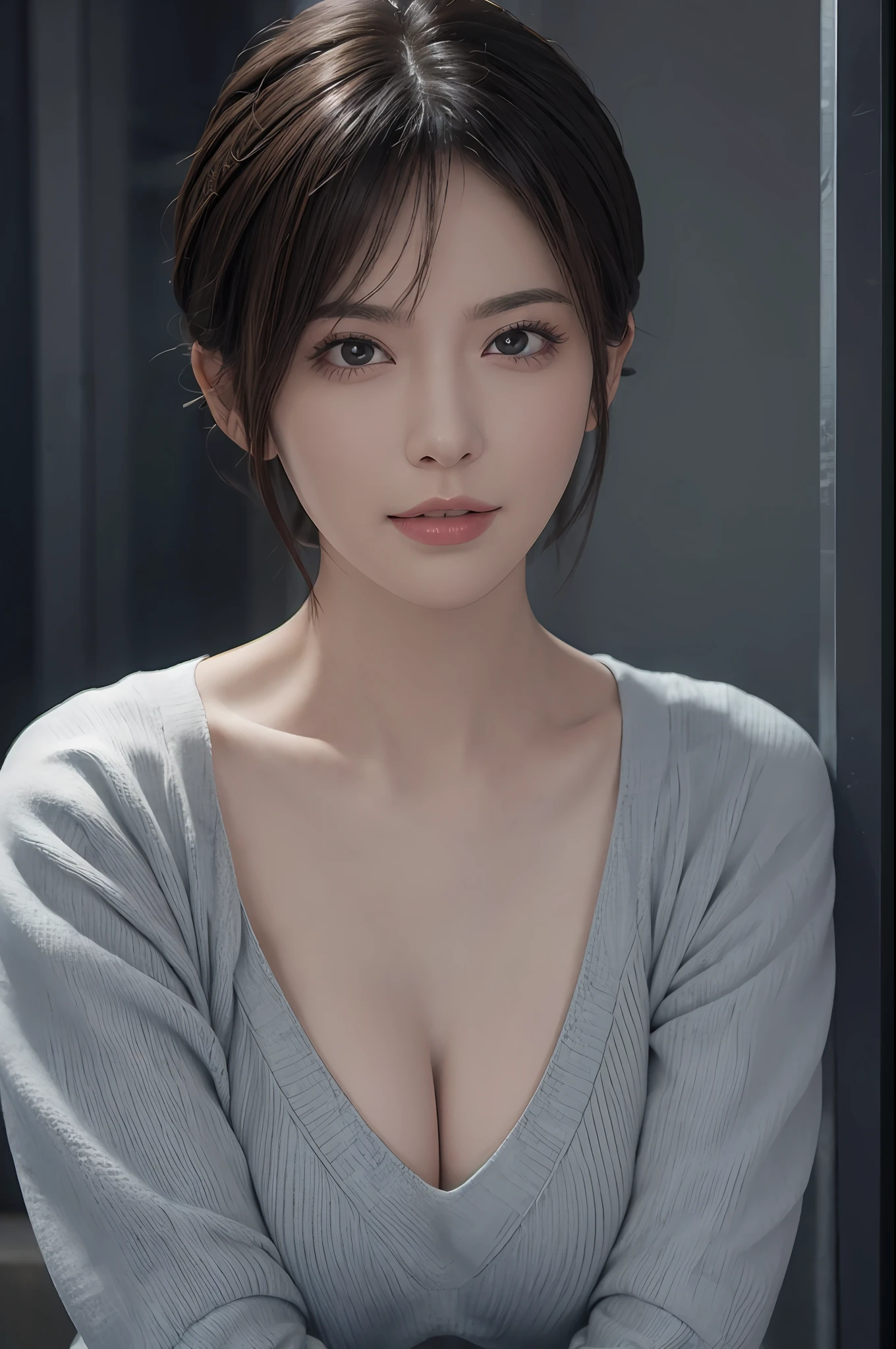 (Masterpiece: 1.3), (8k, Photorealistic, RAW Photo, Best Quality: 1.4), (1girl), Beautiful Face, (Realistic Face), (Black Hair, Short Hair: 1.3), Beautiful Hairstyle, Realistic Eyes, Beautiful Detail Eyes, Realistic Skin, Beautiful Skin, Sweater, Absurd, Attractive, Ultra High Resolution, Ultra Realistic, High Definition, Golden Ratio, Cleavage