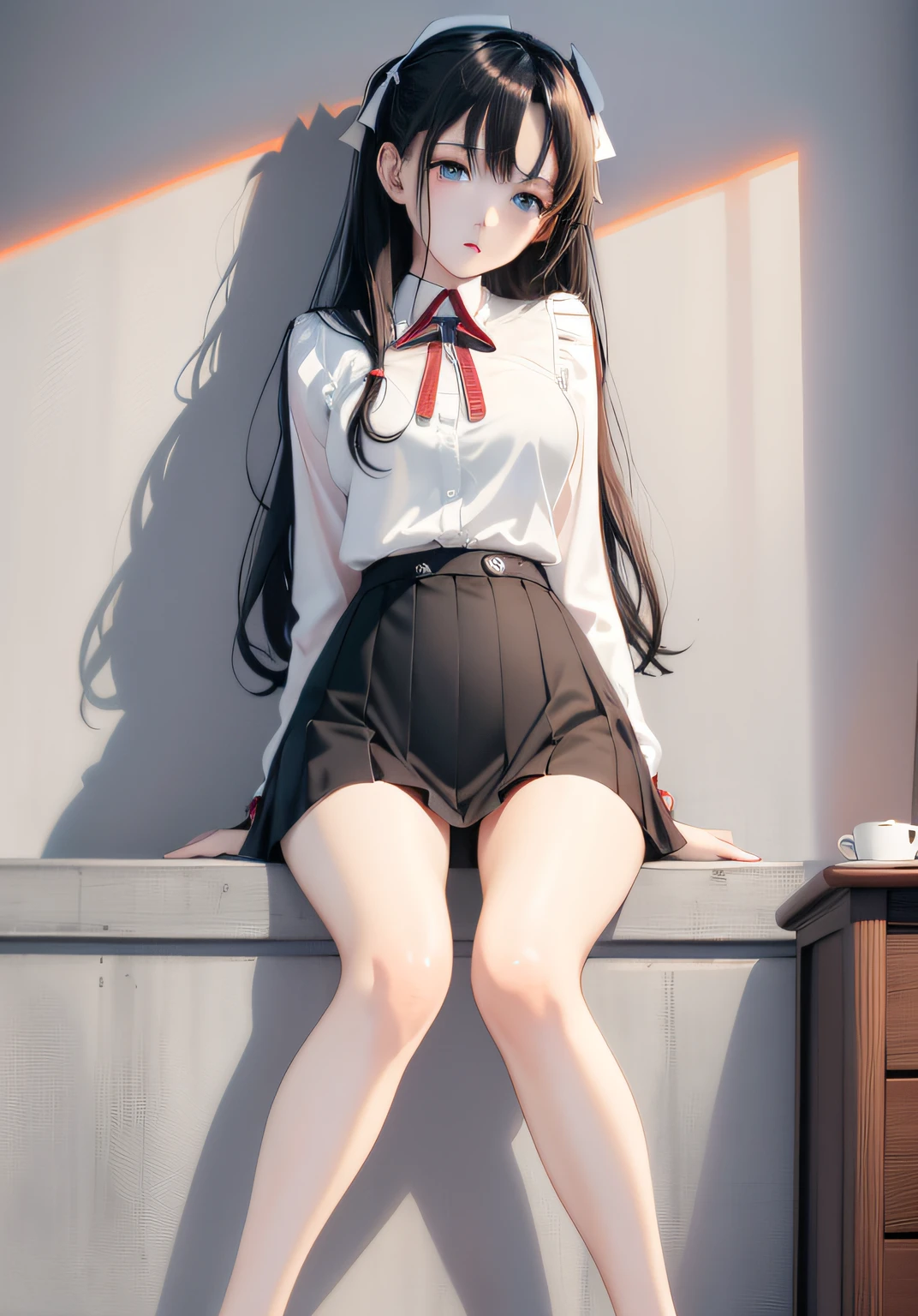 Masterpiece, Best quality,1 girl, Rin Tosaka, Solo, Long hair, Thighs, Mini skirt, Blue eyes, Thighs, Black hair, crouched, Turn up the skirt with both hands, White ribbon panties visible, (Sit with your legs bent and your knees bent)), crouched, Open legs, (skirt up:1.2), NSFW, Shy, Show off, cleavage,