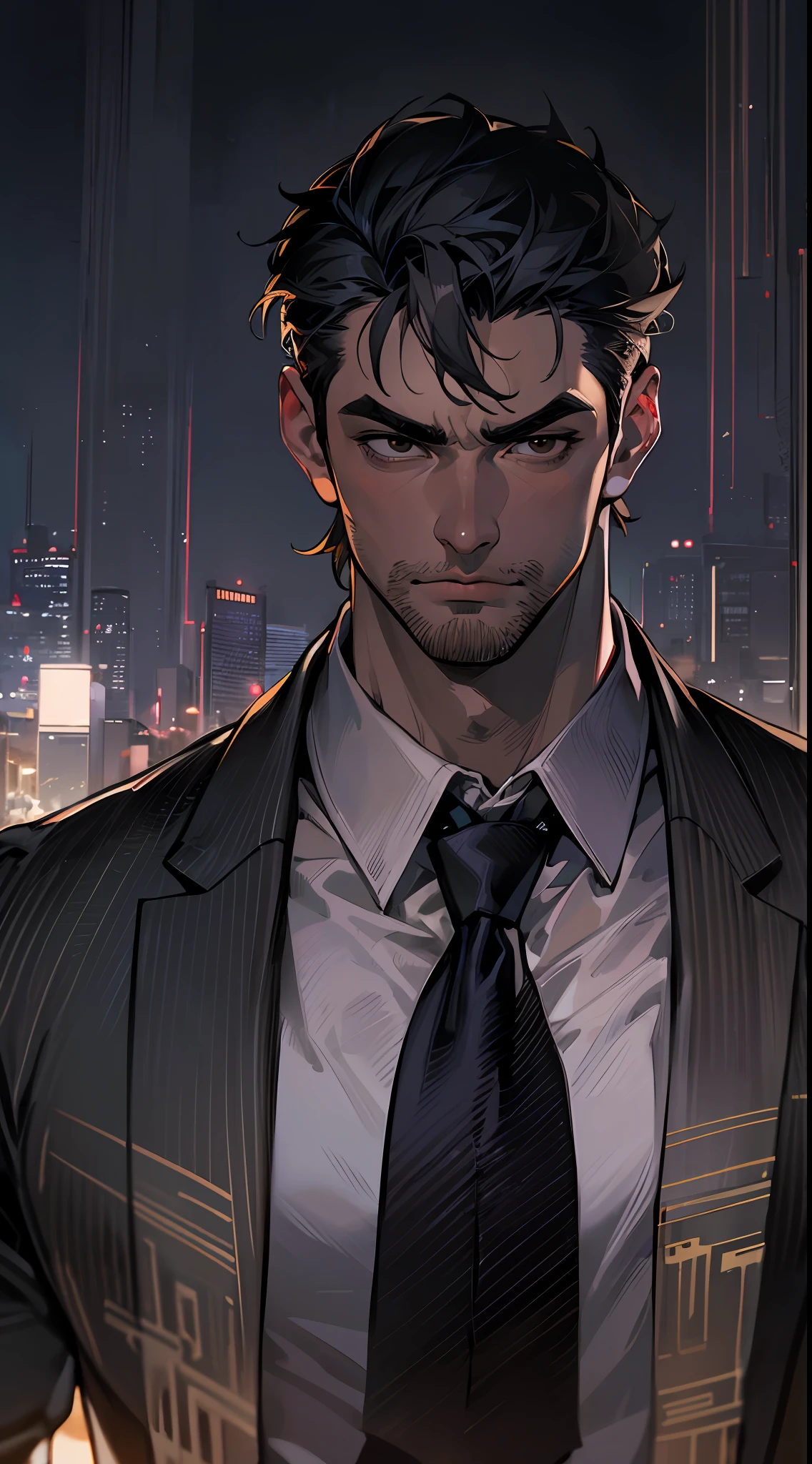 (absurdres, highres, ultra detailed, realistic, ), 1 male, solo, adult, mature, tall muscular guy, broad shoulders, handsome, very short hair, black hair, brown eyes, angular jaw, thick neck, thick eyebrows, night, dark, the night view of the city background, formal suit, necktie, upper body