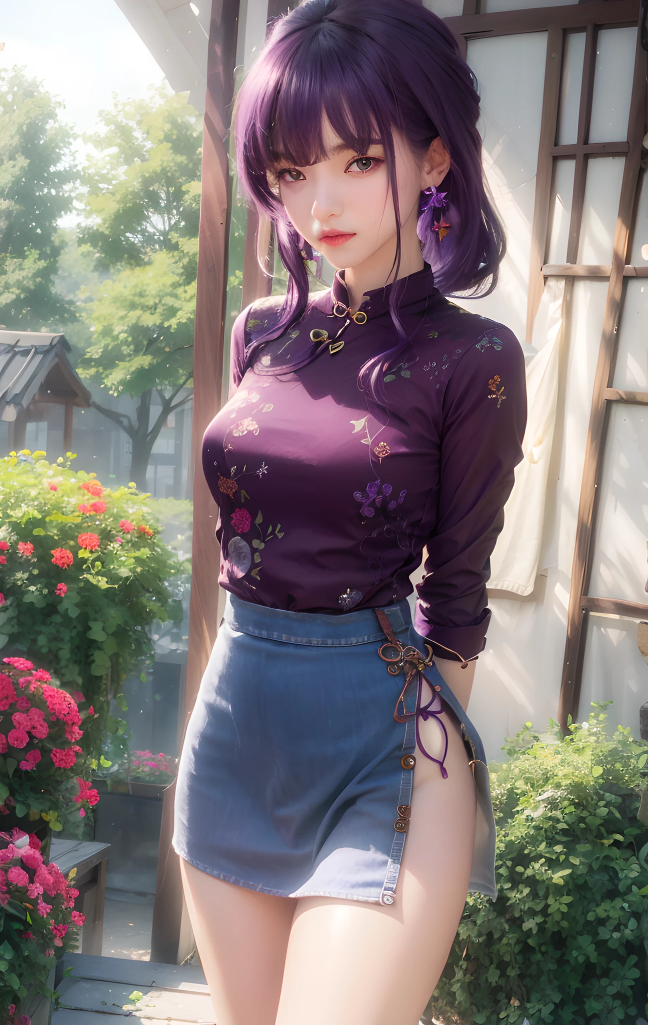 (photorealistic:1.4), best quality, masterpiece, ultra high res, 1girl, (detailed face:1.2), (detailed eyes:1.2), (detailed hair:1.2), (detailed clothes:1.2), 4k, (detailed color:1.2), (purple hair:1.2),