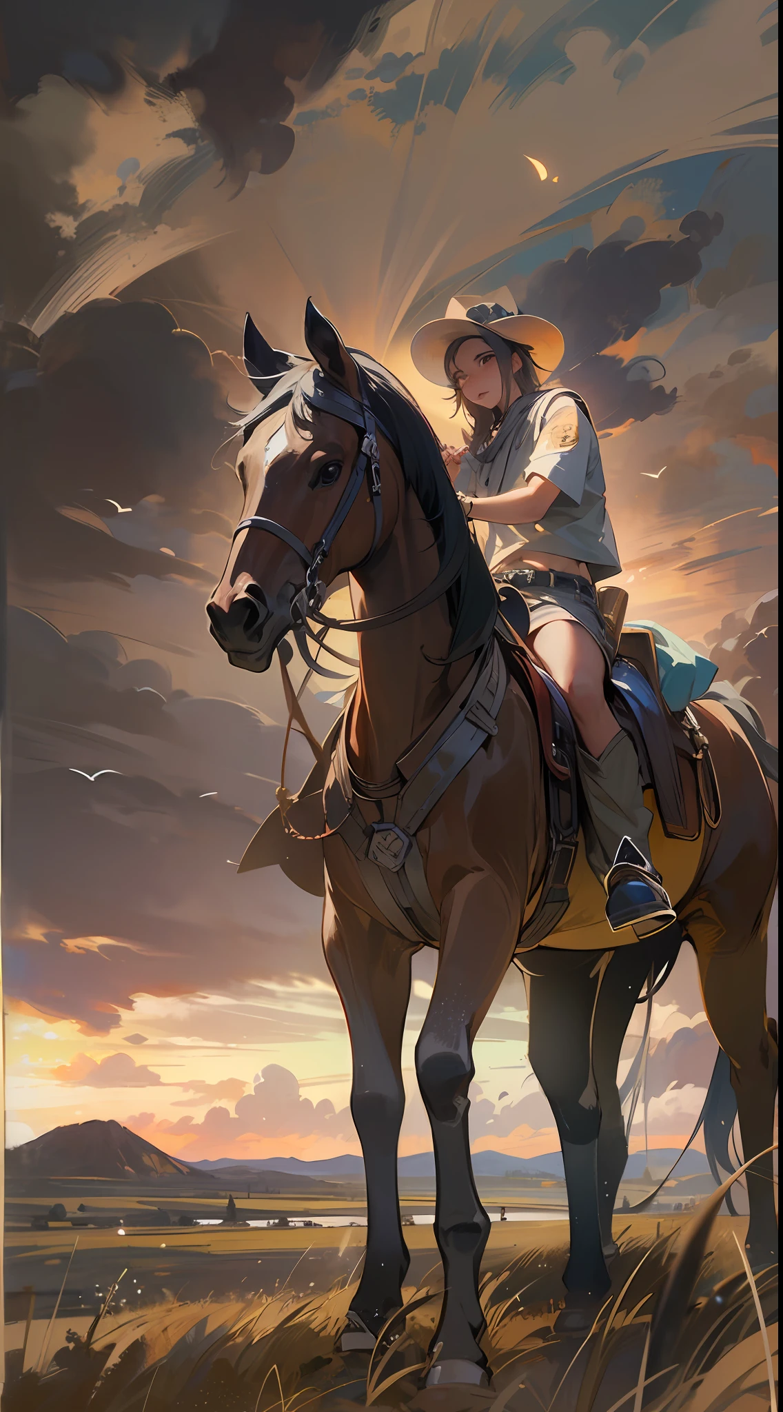 (masterpiece, best quality:1.4), cowboy shot, looking at viewer, sunlight, cloudy sky,