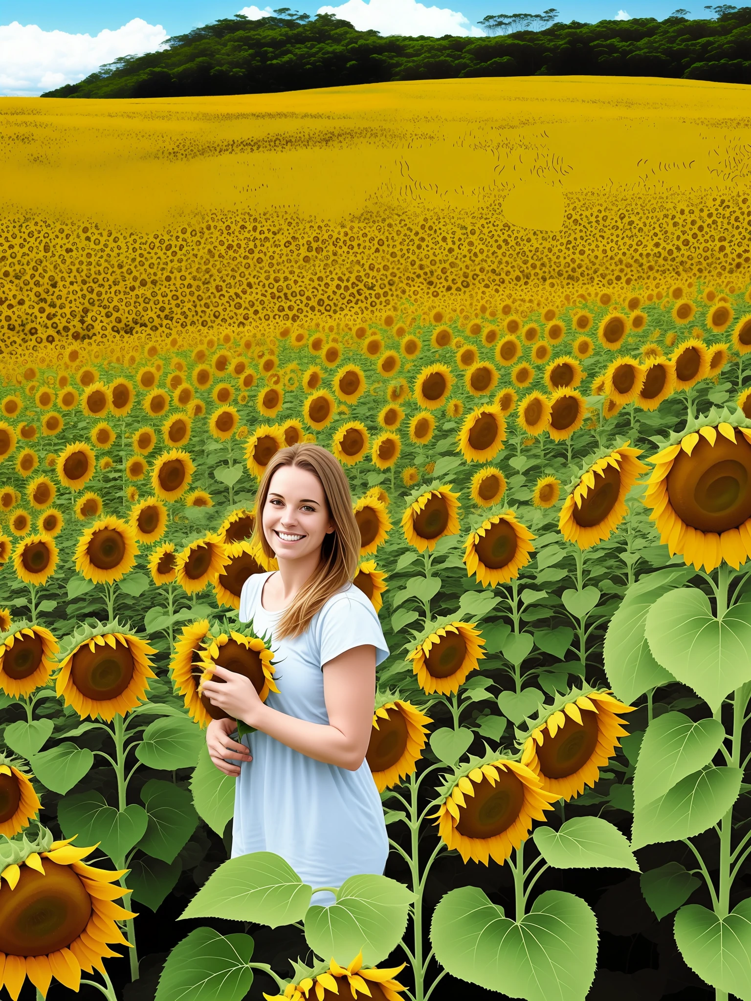 Field full of sunflowers, com uma montanha ao fundo, dia ensolarado