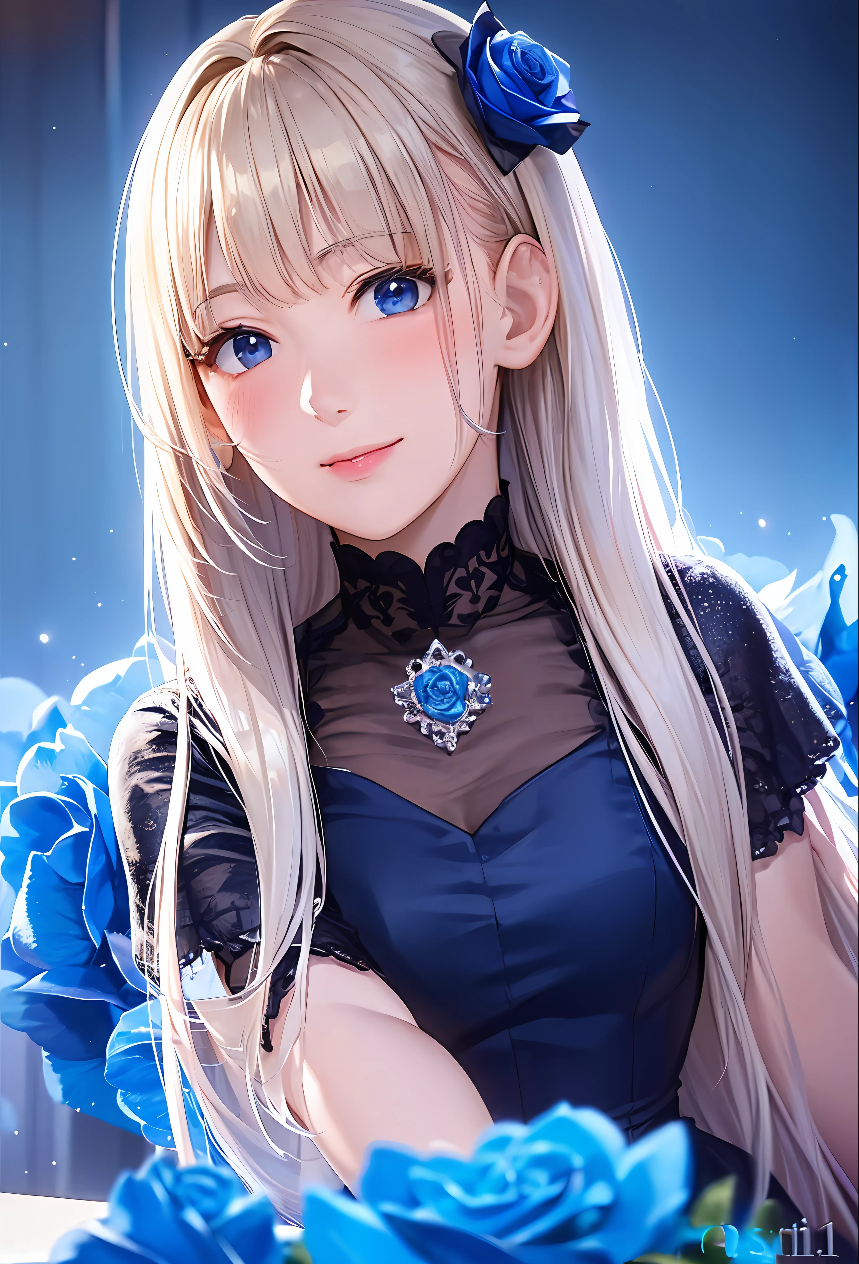 (8k, top quality, masterpiece: 1.2), (realistic, photorealistic: 1.37), super detailed, girl alone, cute, solo, midnight, beautiful detailed sky, detailed café, sitting, dating, (blush), (smile: 1.15), small breasts (mouth closed), beautiful fine eyes, floating hair NovaFrogStyle, back open dress, blue rose accessories, Blue rose background