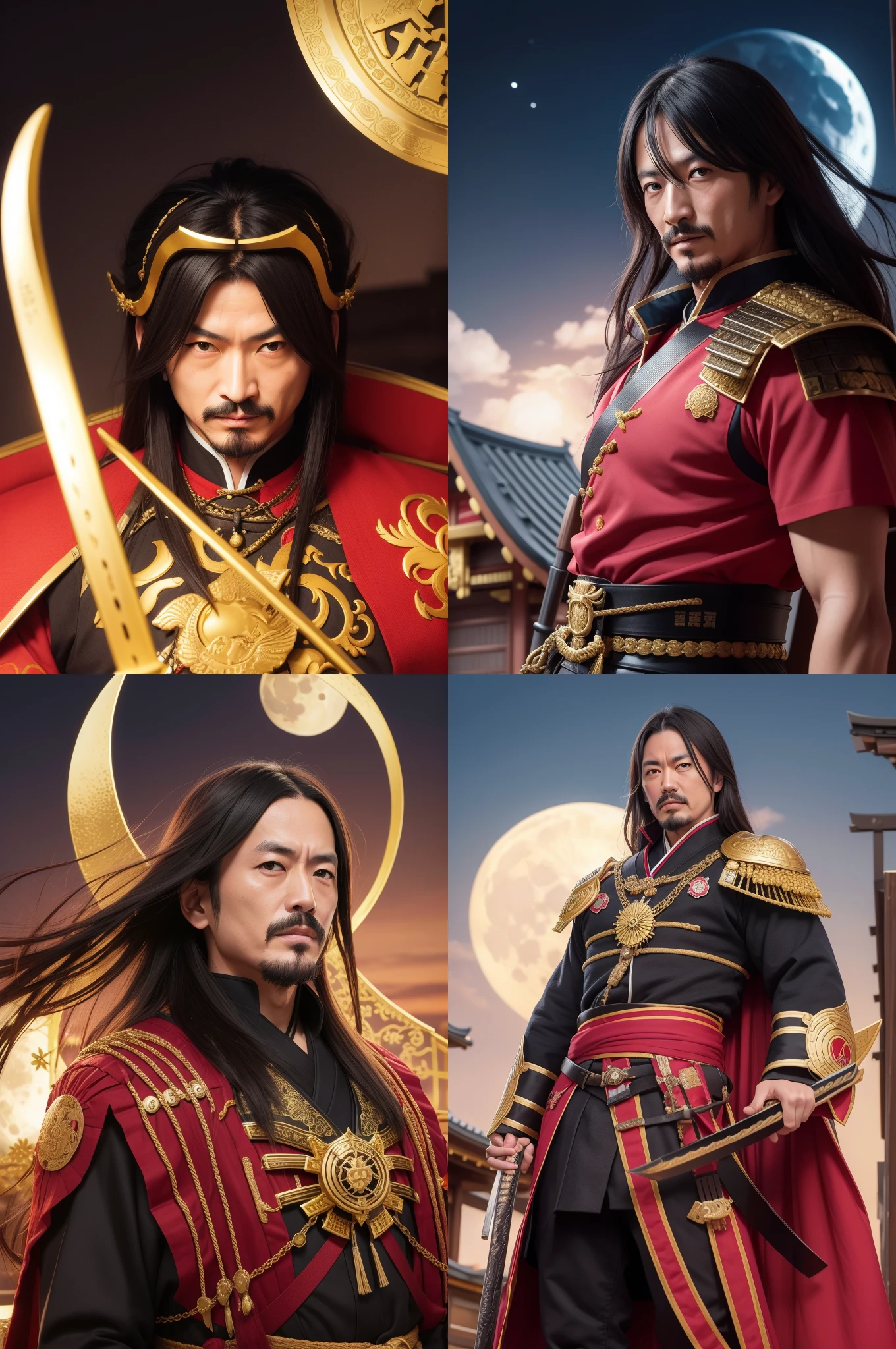 Oda Nobunaga、a cool、The Sixth Day Demon King、Black Japan armor、Golden decoration、Quick sword muscle、16K、high-level image quality、hightquality、a moon、natta、borgar、outside of house、20mp