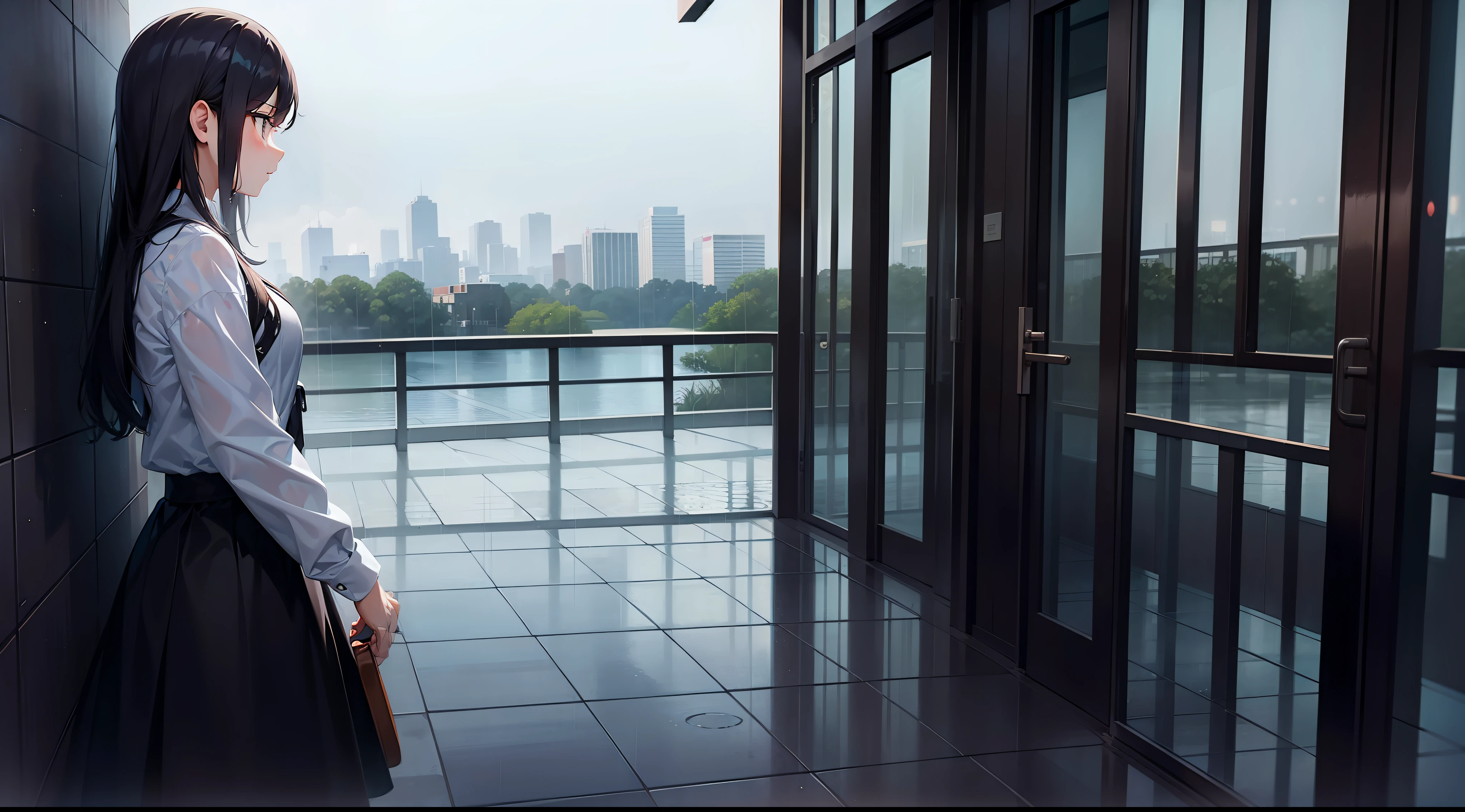 1 girl, rainy day, waiting but not coming, view faraway