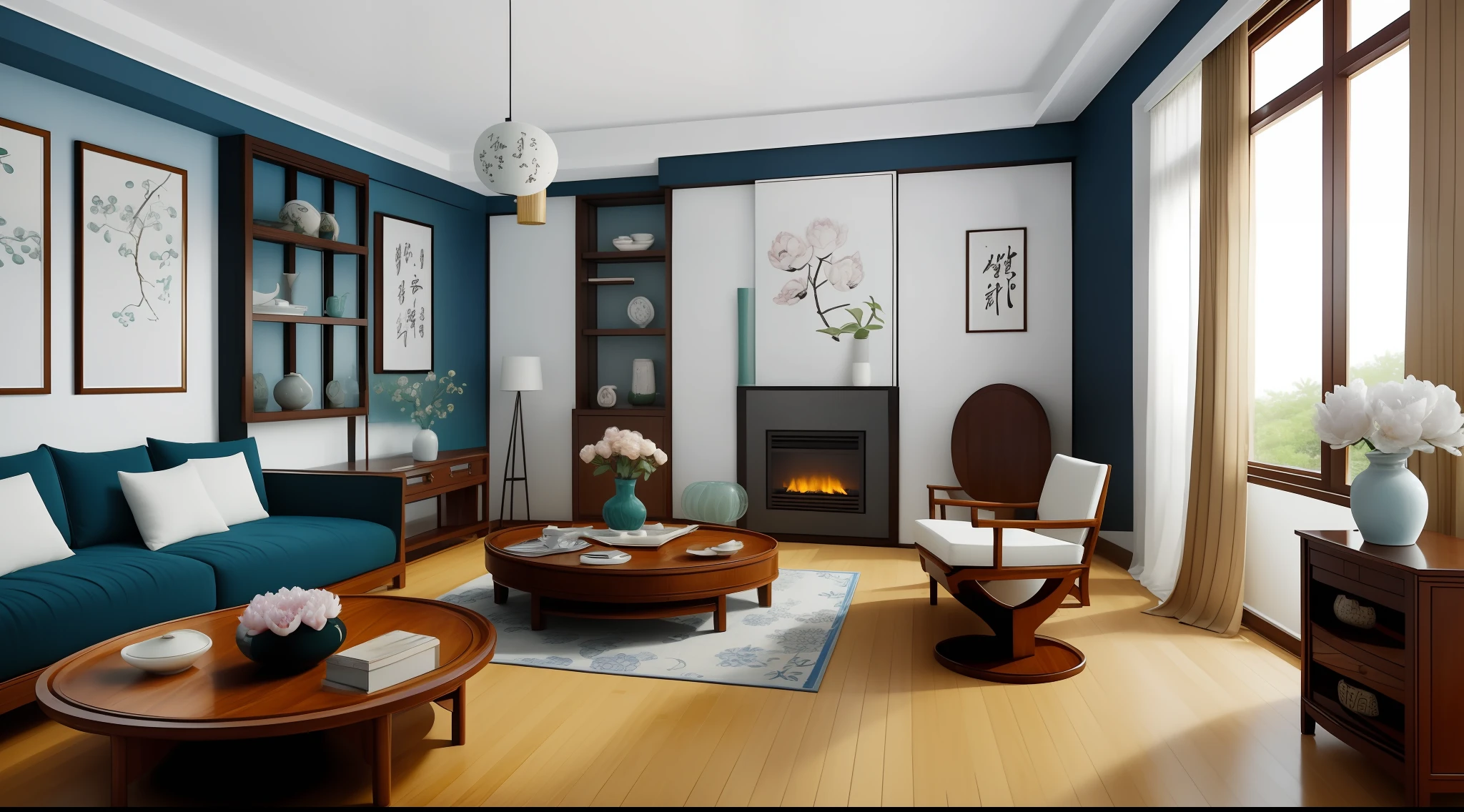 Spacious and bright living room,White walls,Dark hardwood floors,Large floor-to-ceiling windows,By the window are two beige fabric sofas and a round coffee table。,On the coffee table is a pot of emerald green bamboo plants,Chinese ink painting hanging on the wall,The floor is covered with blue and white tiles,Next to the coffee table is a Chinese-style vase with peony flowers,Directly opposite the sofa is a fireplace made of black masonry,Above the fireplace hangs a Chinese knotted calligraphy painting,The fireplace is flanked by wooden decorative shelves,On the shelves are blue and white trays、Gangnam printing pottery boxes and other handicrafts