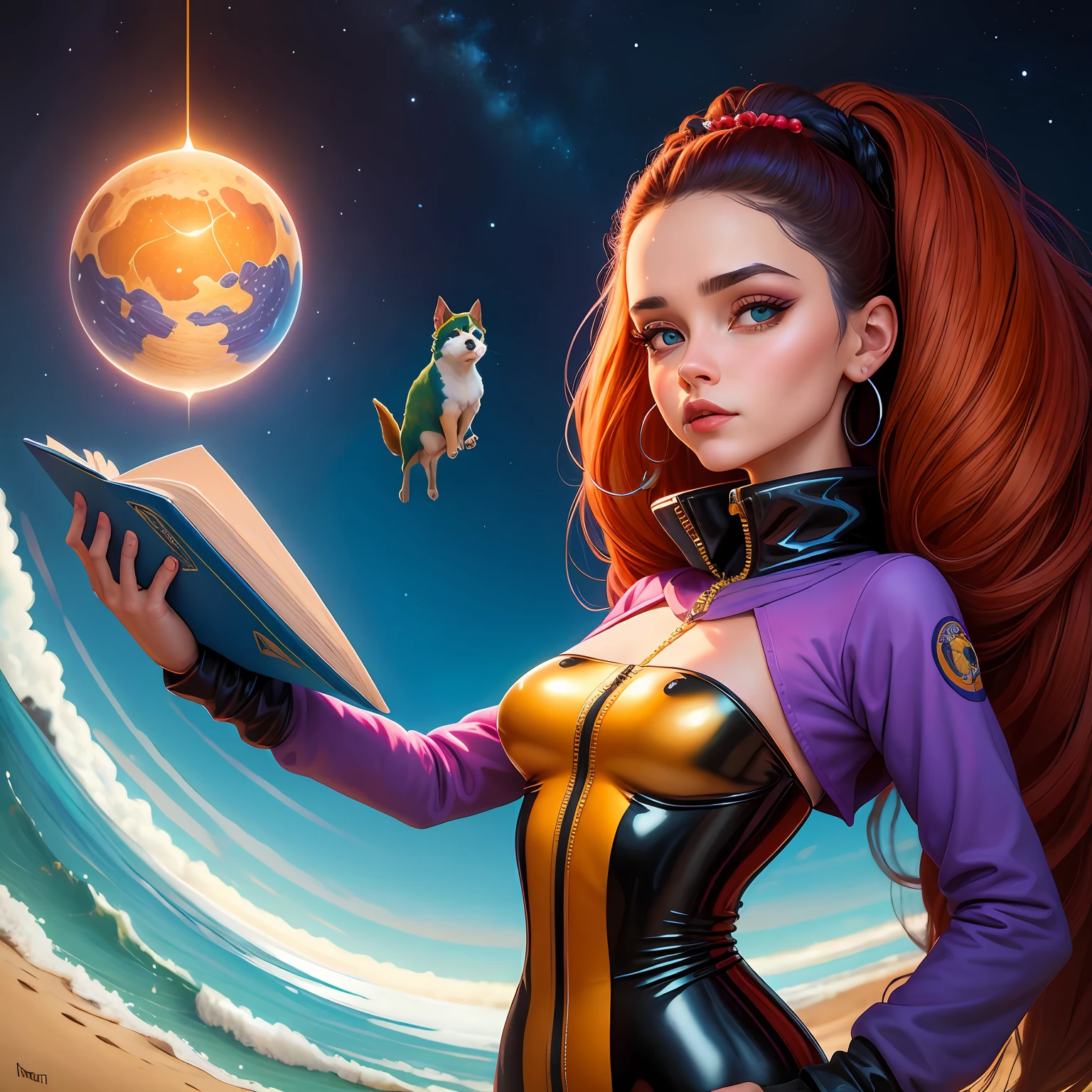 (pintura digital), (melhor qualidade),uma pintura de uma mulher loira muito atraente com um livro e um cachorro, altamente detalhada , scifi religioso, magic realism , Directed by: John Moonan, Surrealismo pop estilo de arte lowbrow, arte lowbrow, rob mcnaughton, Directed by: Dave Arredondo, Directed by: Aaron Jasinski, Surrealismo lowbrow, Surrealismo pop lowbrow, Benjamim Lacombe, gnosticismo, alta qualidade ,olhos azuis